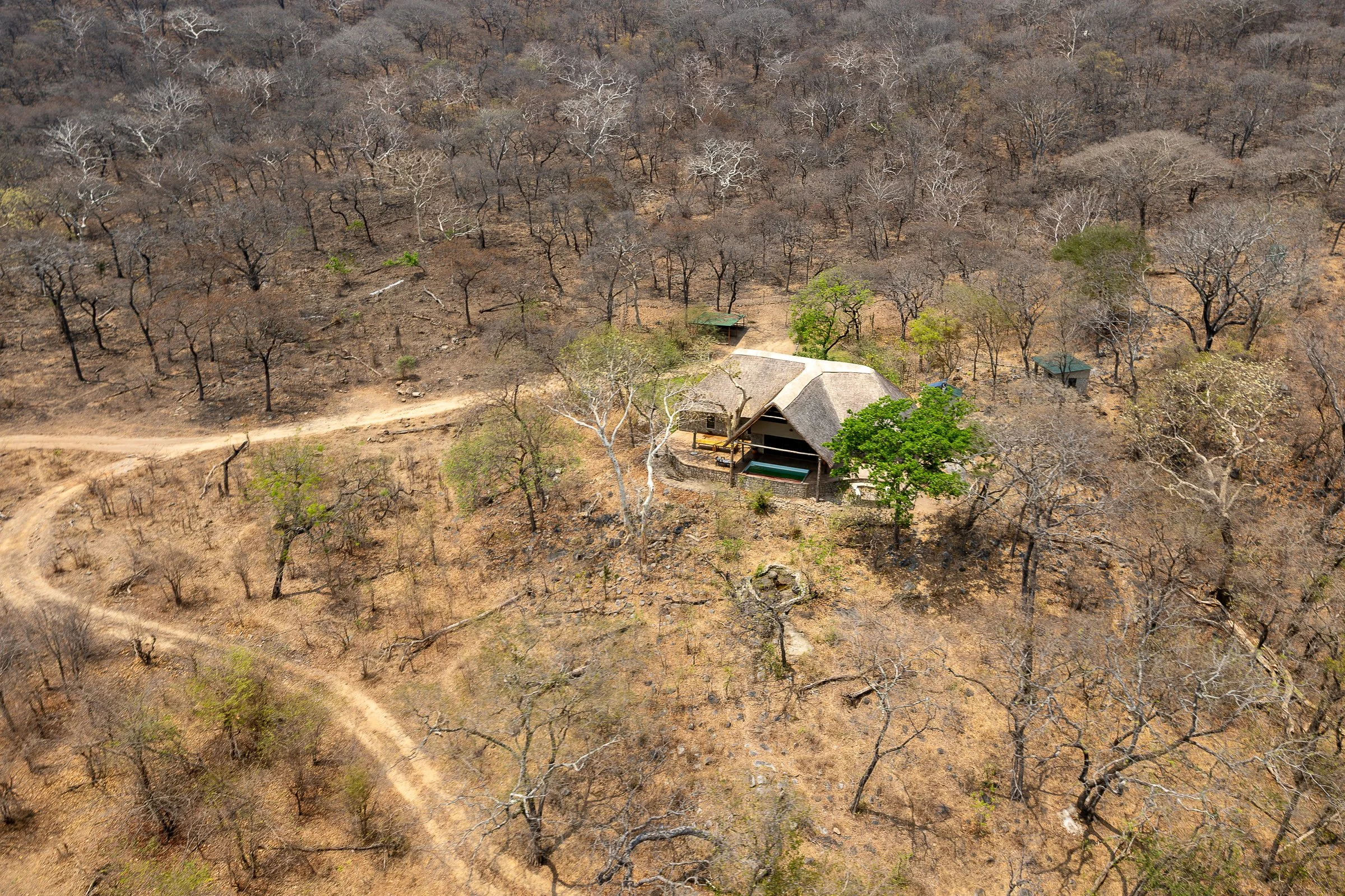 Aerial view of Ligulo House and its surrounding landscape in the southern section of Liwonde National Park, Malawi.