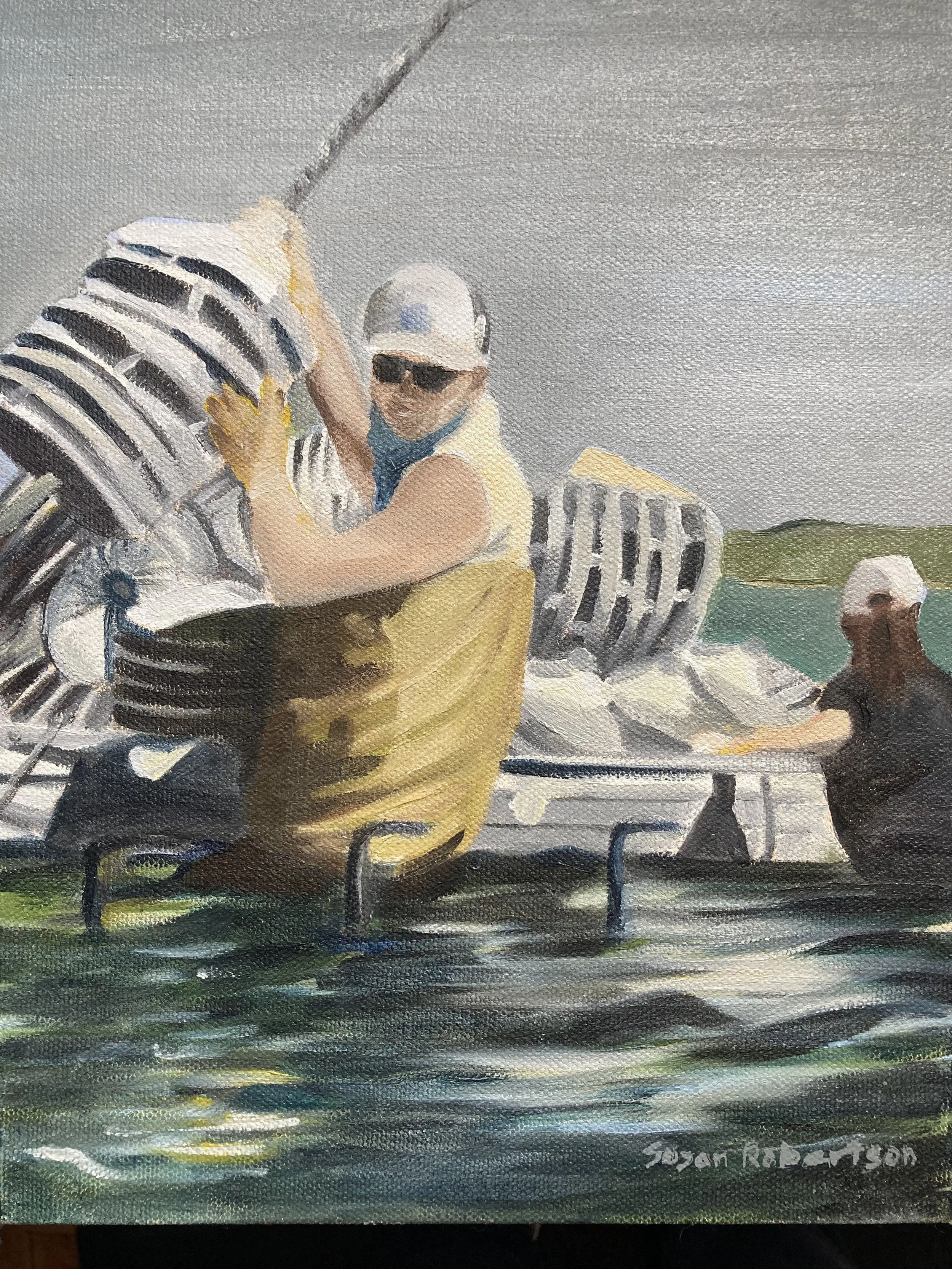 Installing hats, 9” x 12”, oil on canvas, from a photo by Edward Boches, 2025.