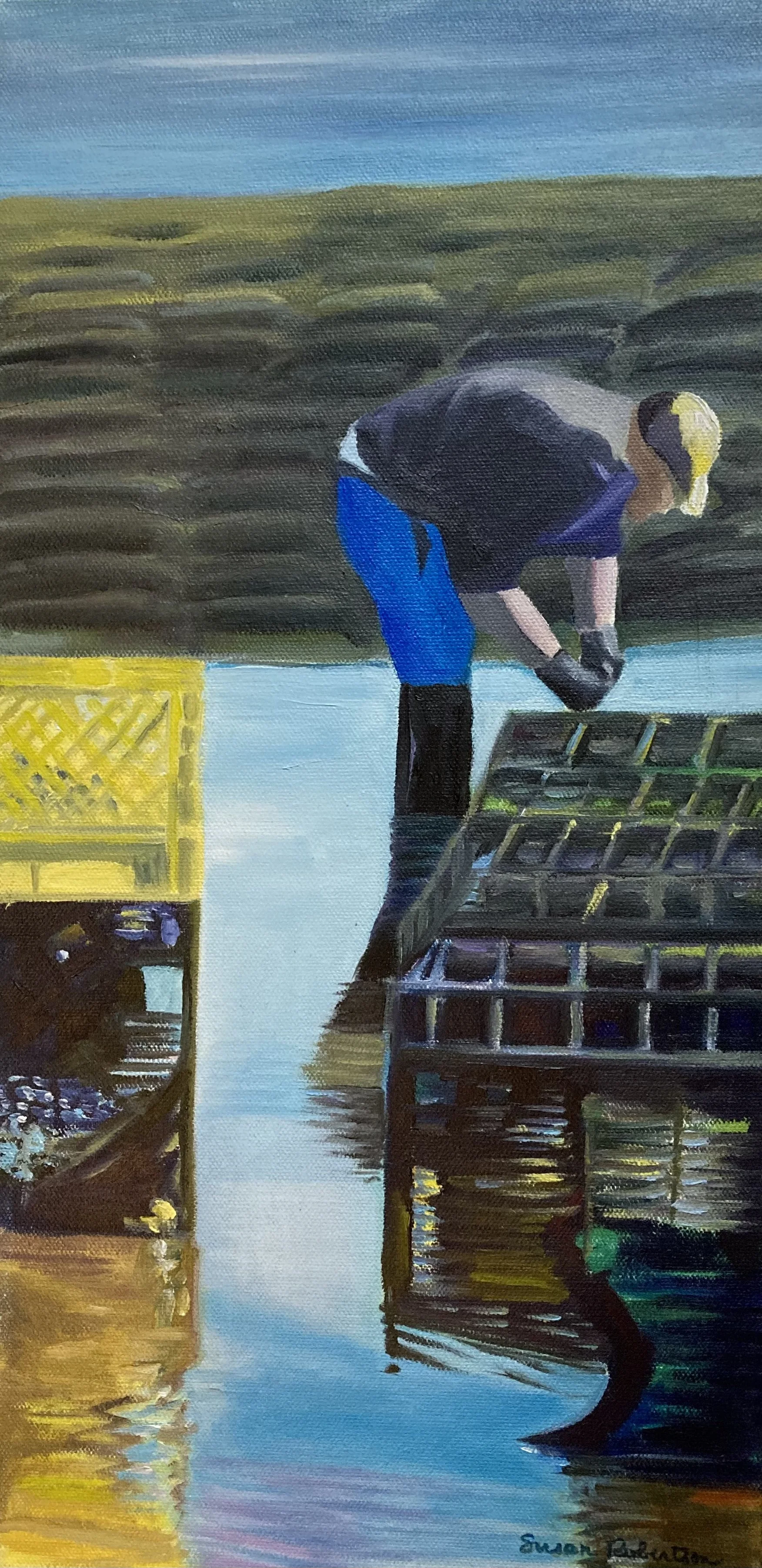 The oyster man with yellow reflections, 10”x20”, oil on canvas, 2025.