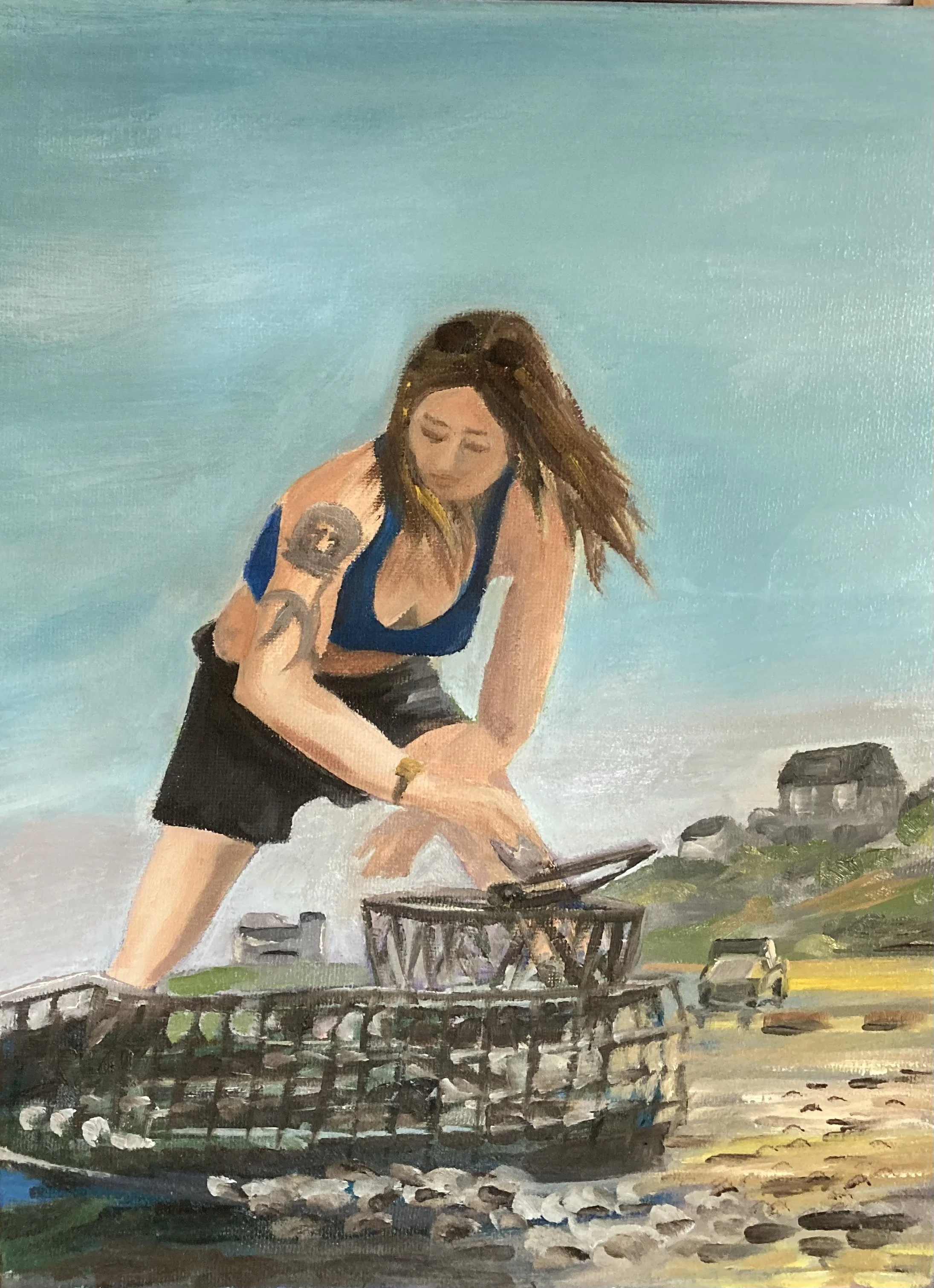 Sorting oysters, 9”x12”, oil on canvas, from a photo by Edward Boches, 2025.