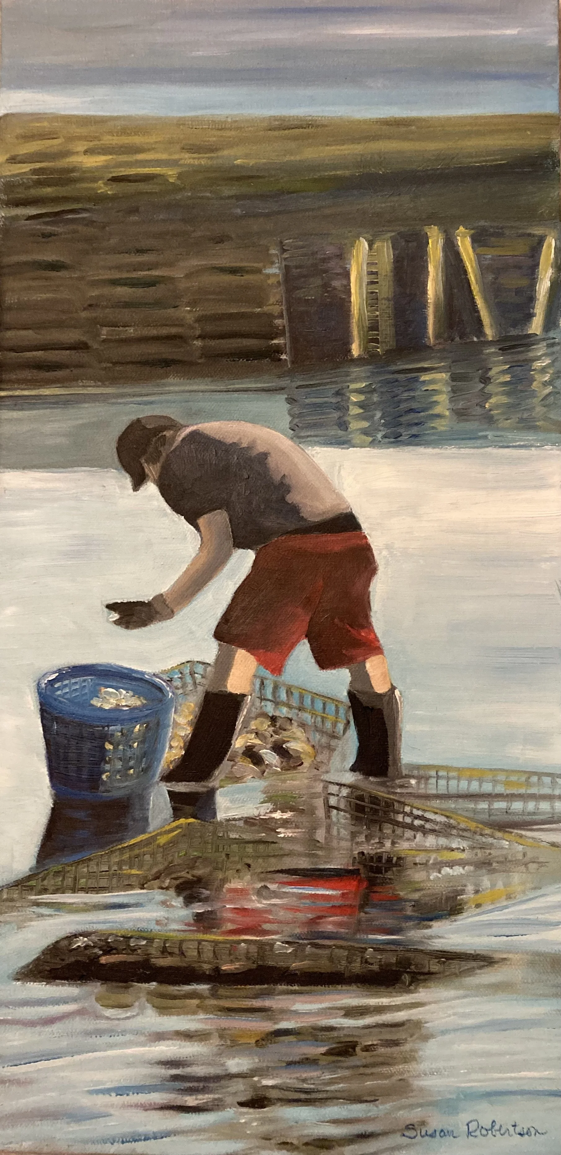 The oyster man with red reflections, 10”x20”, oil on canvas, 2025.