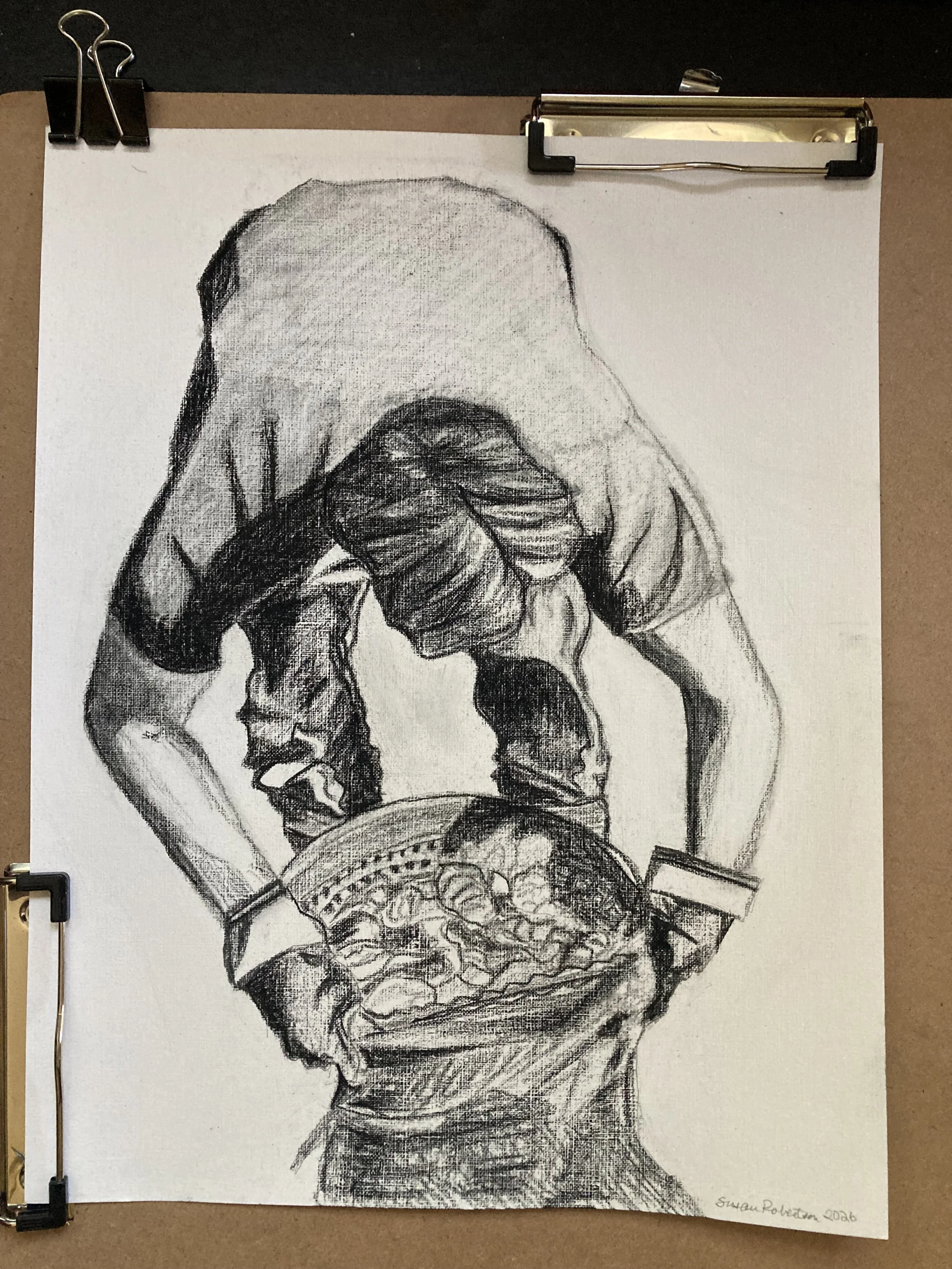 Pat bagging oysters, charcoal on paper, 2026.