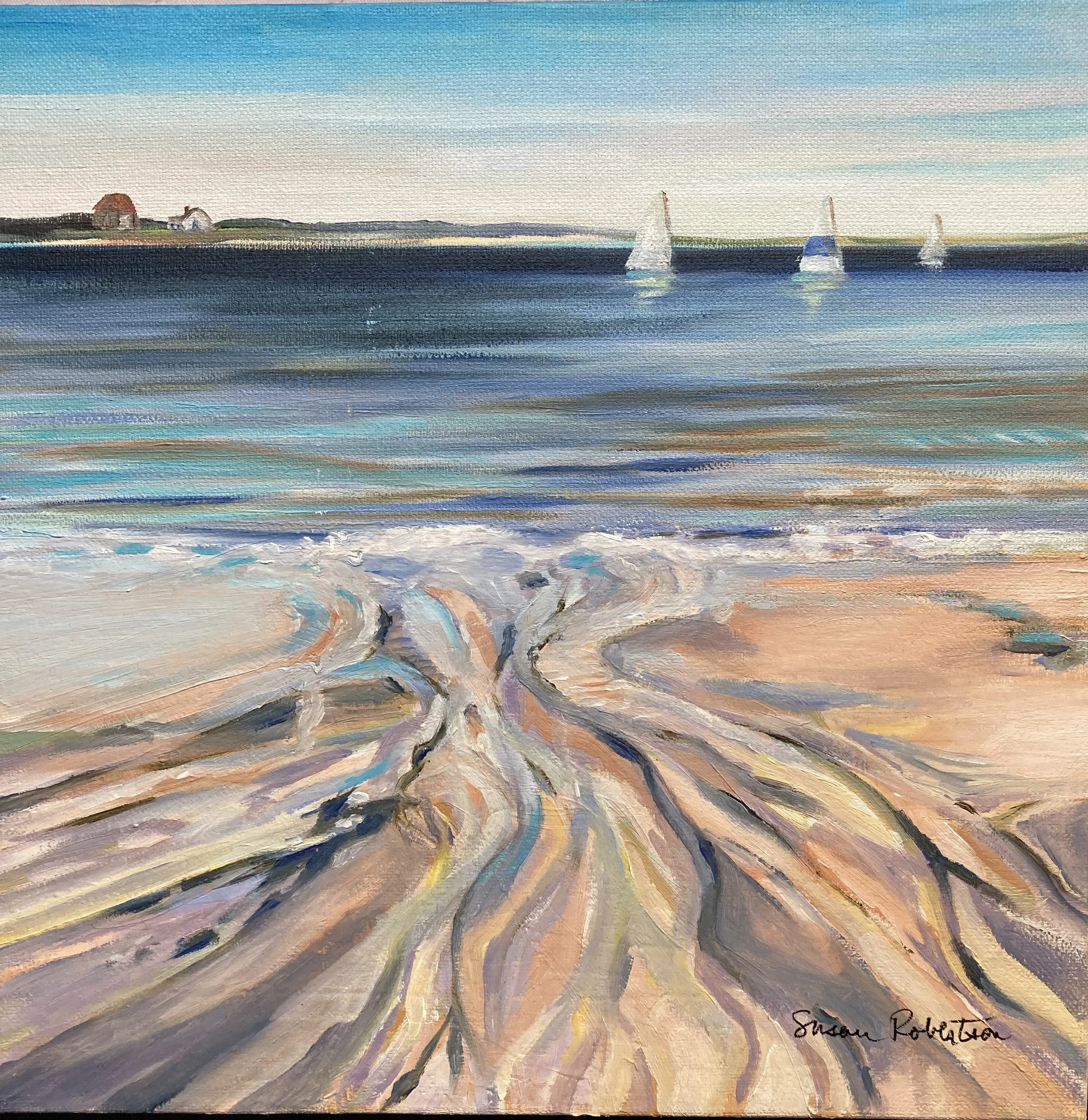 Mayo’s Beach in pink at low tide, 12”x12”, oil on canvas, 2025.