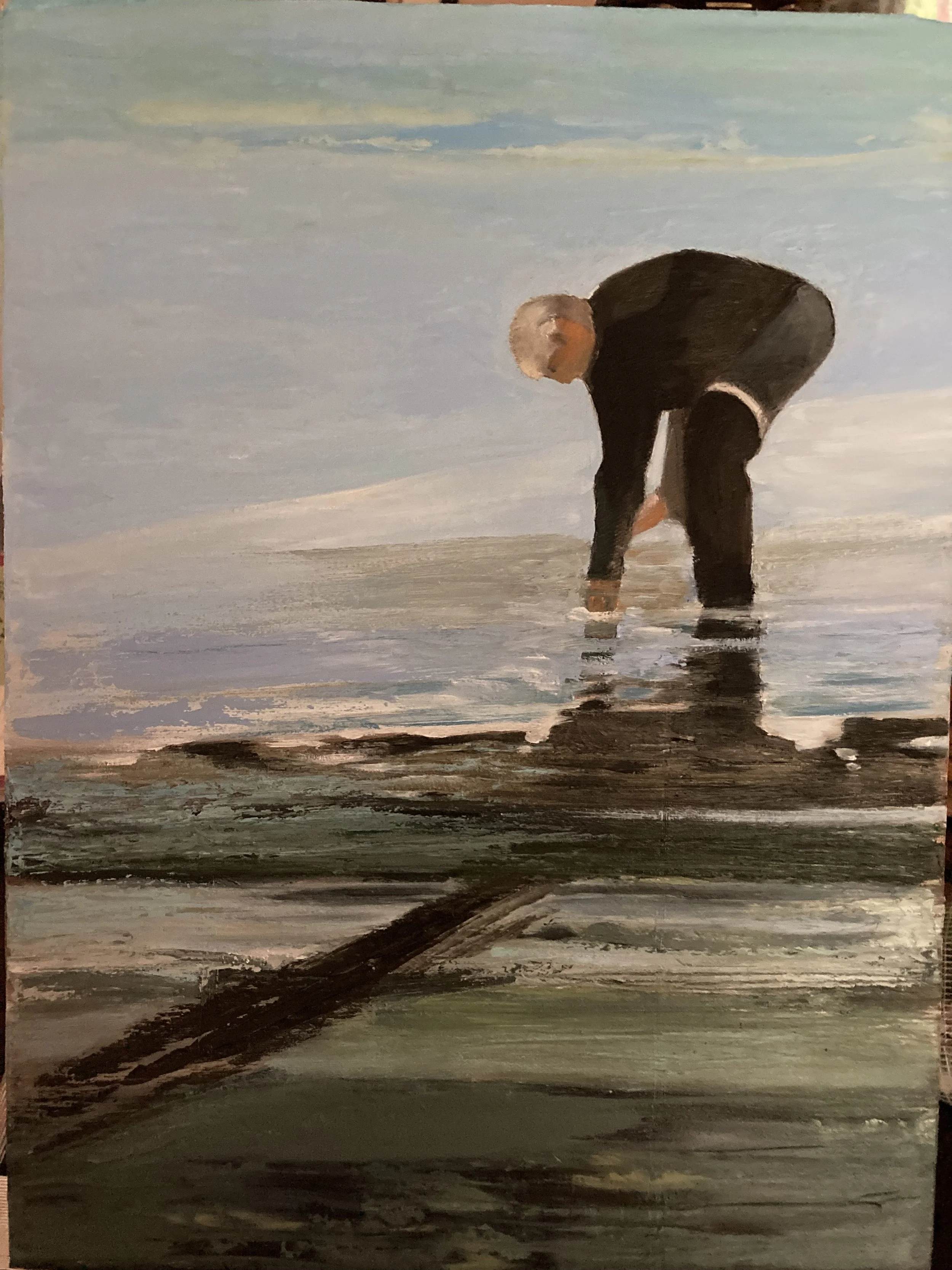 Michael oystering, 12”x16”, oil on canvas, 2026.