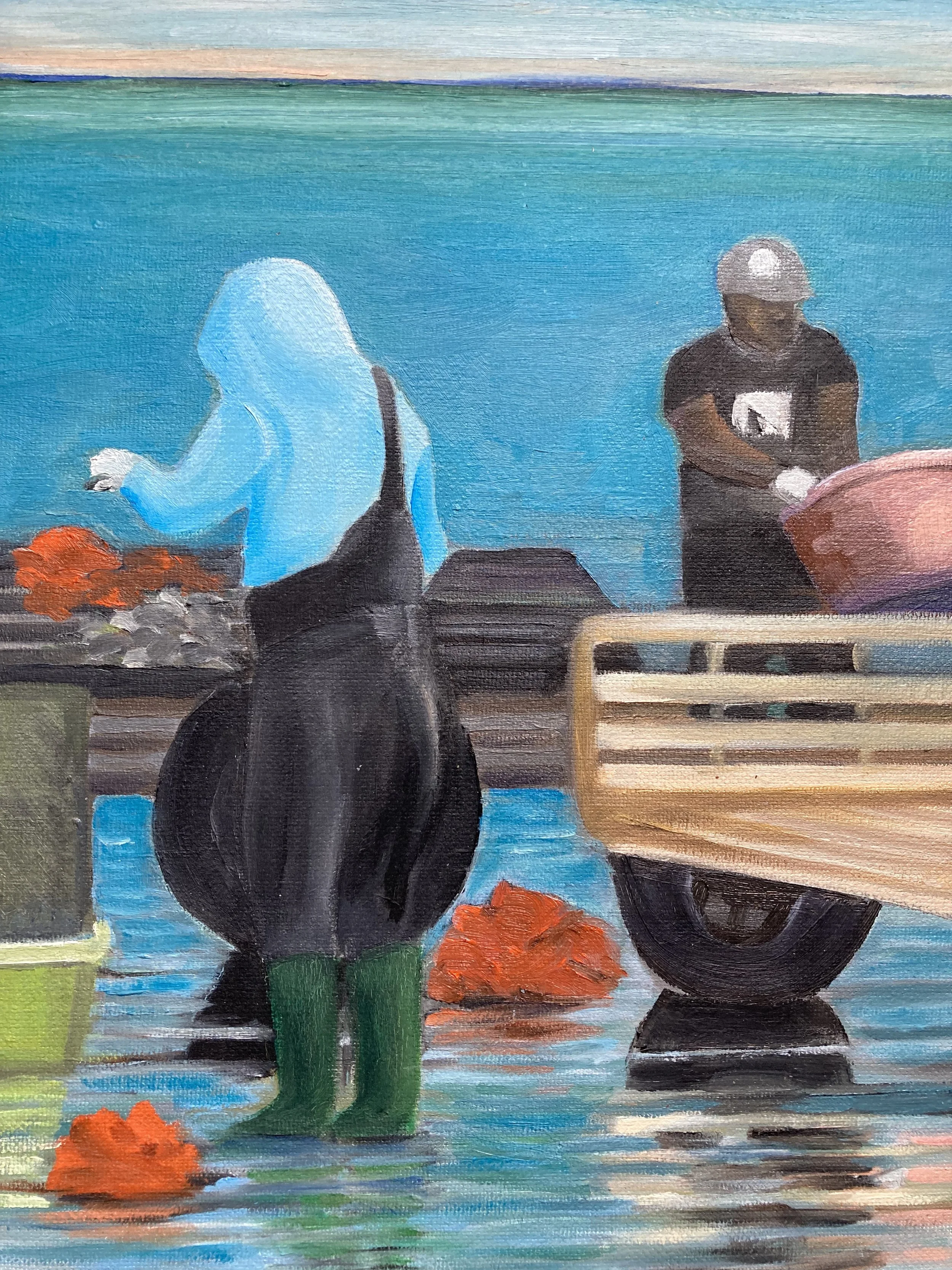 The oyster farmer in a blue hoodie, 9” x 12”, oil on canvas, 2025.