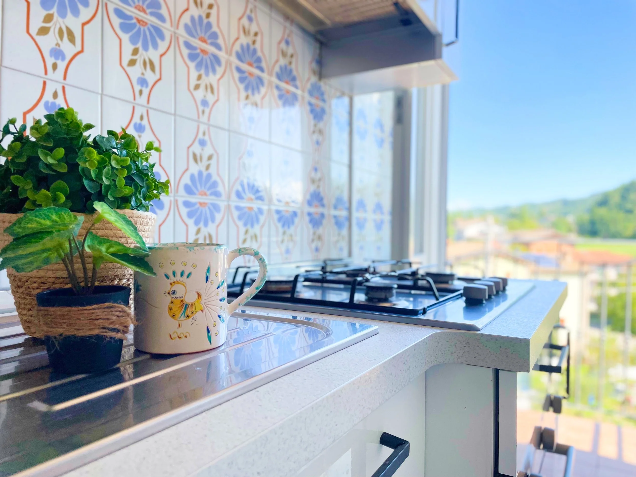 Cucina luminosa con piante in vaso, tazza decorata, fornelli a gas e piastrelle colorate.