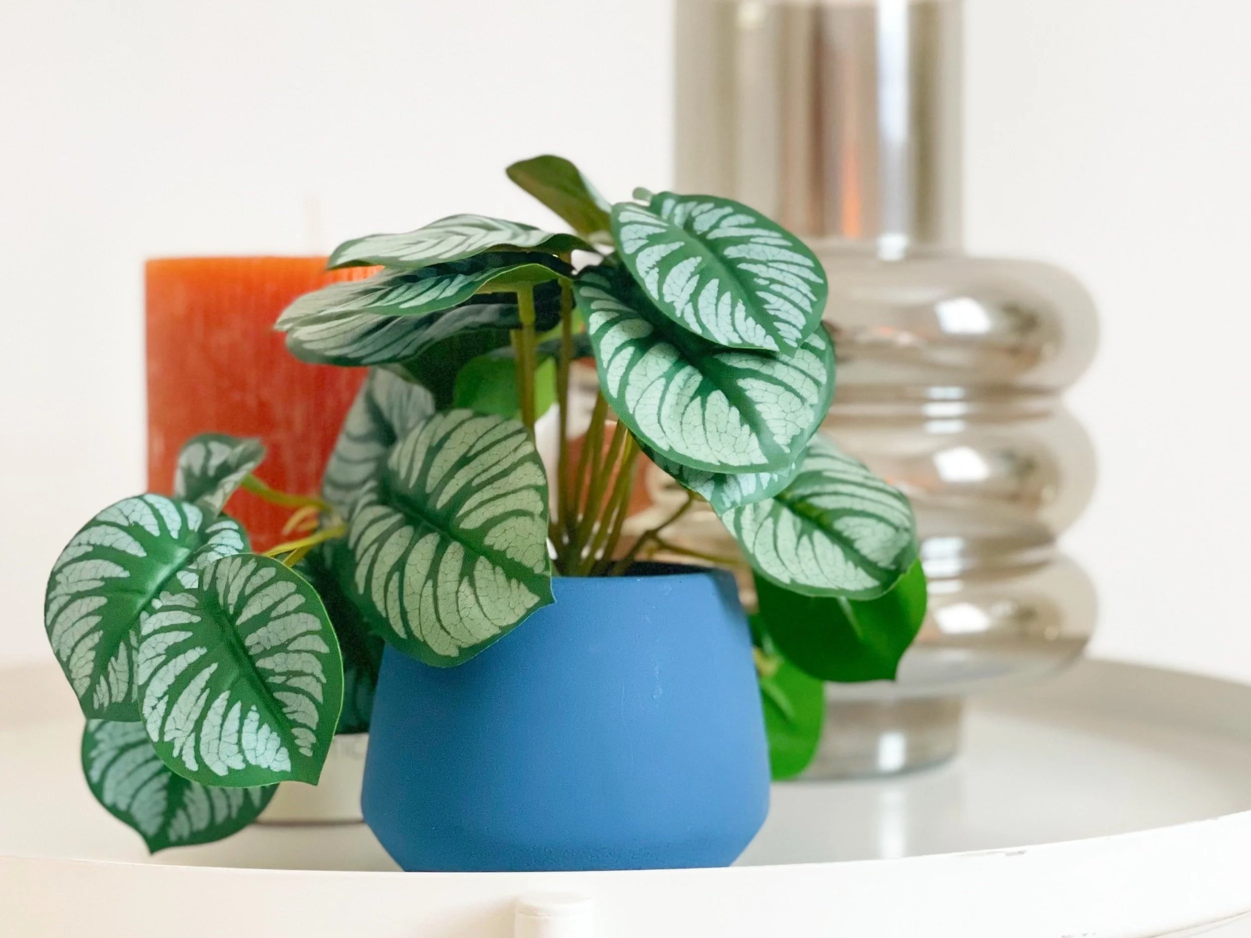Pianta verde in vaso blu su tavolo bianco accanto a candela arancione e vaso decorativo argentato.