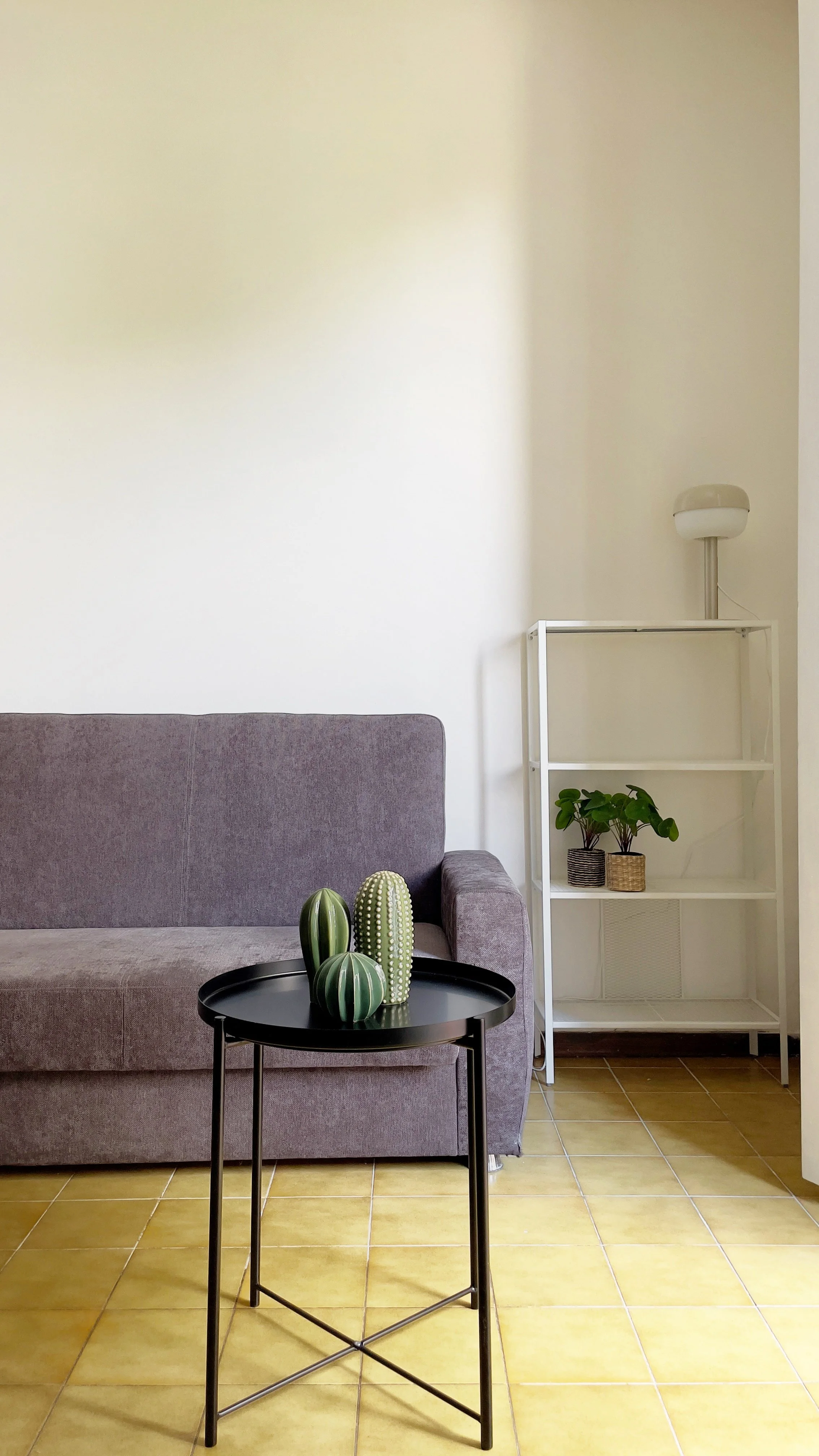 Soggiorno moderno con divano grigio, tavolino nero con finti cactus, pavimento in piastrelle gialle, scaffale bianco con lampada e pianta in vaso.