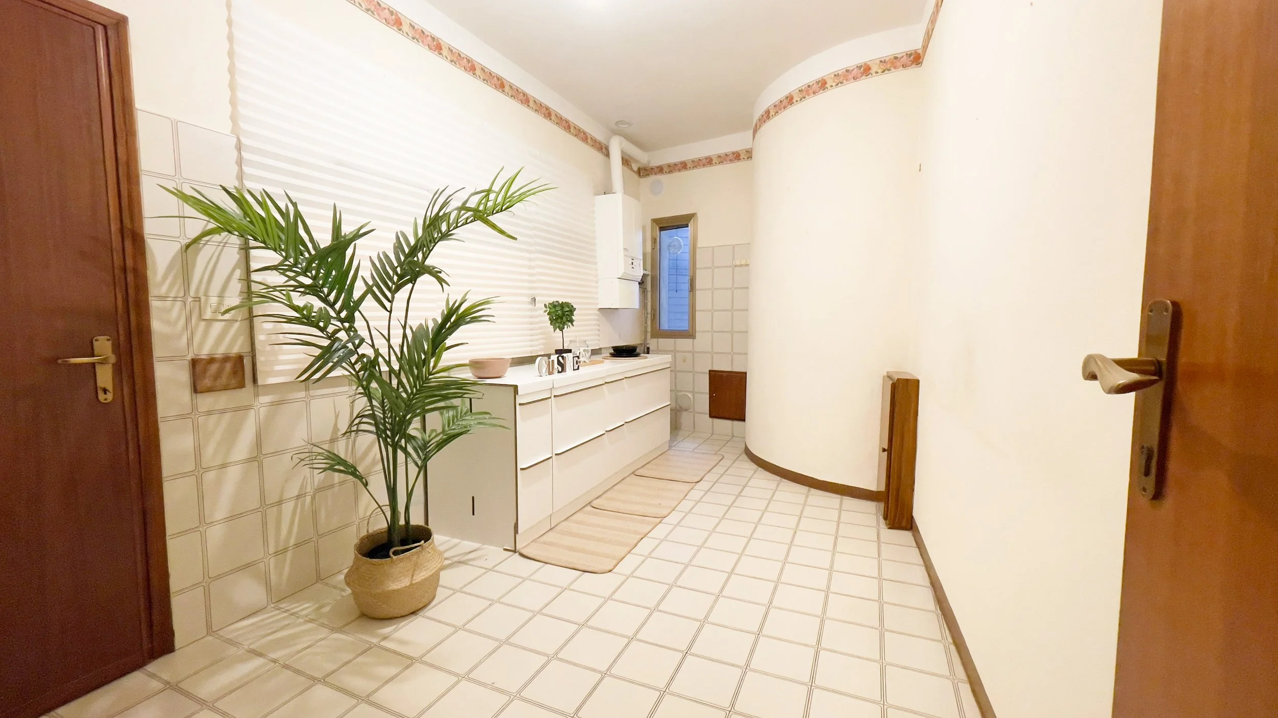 Cucina minimalista con pianta in vaso, mobili bianchi e decorazioni floreali sul soffitto.