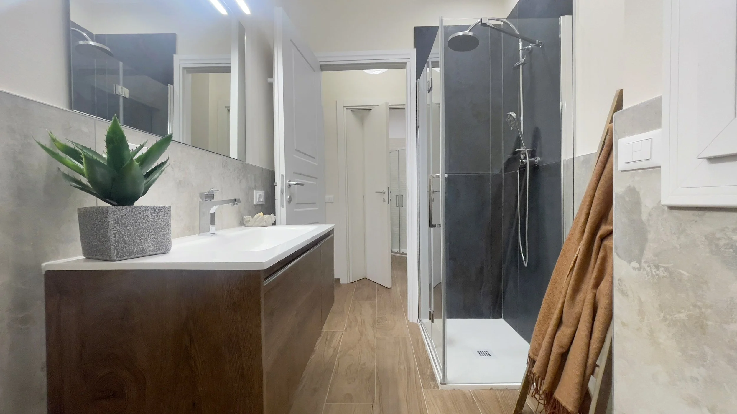 Bagno moderno con doccia, lavabo con specchio, pianta decorativa e asciugamani appesi.