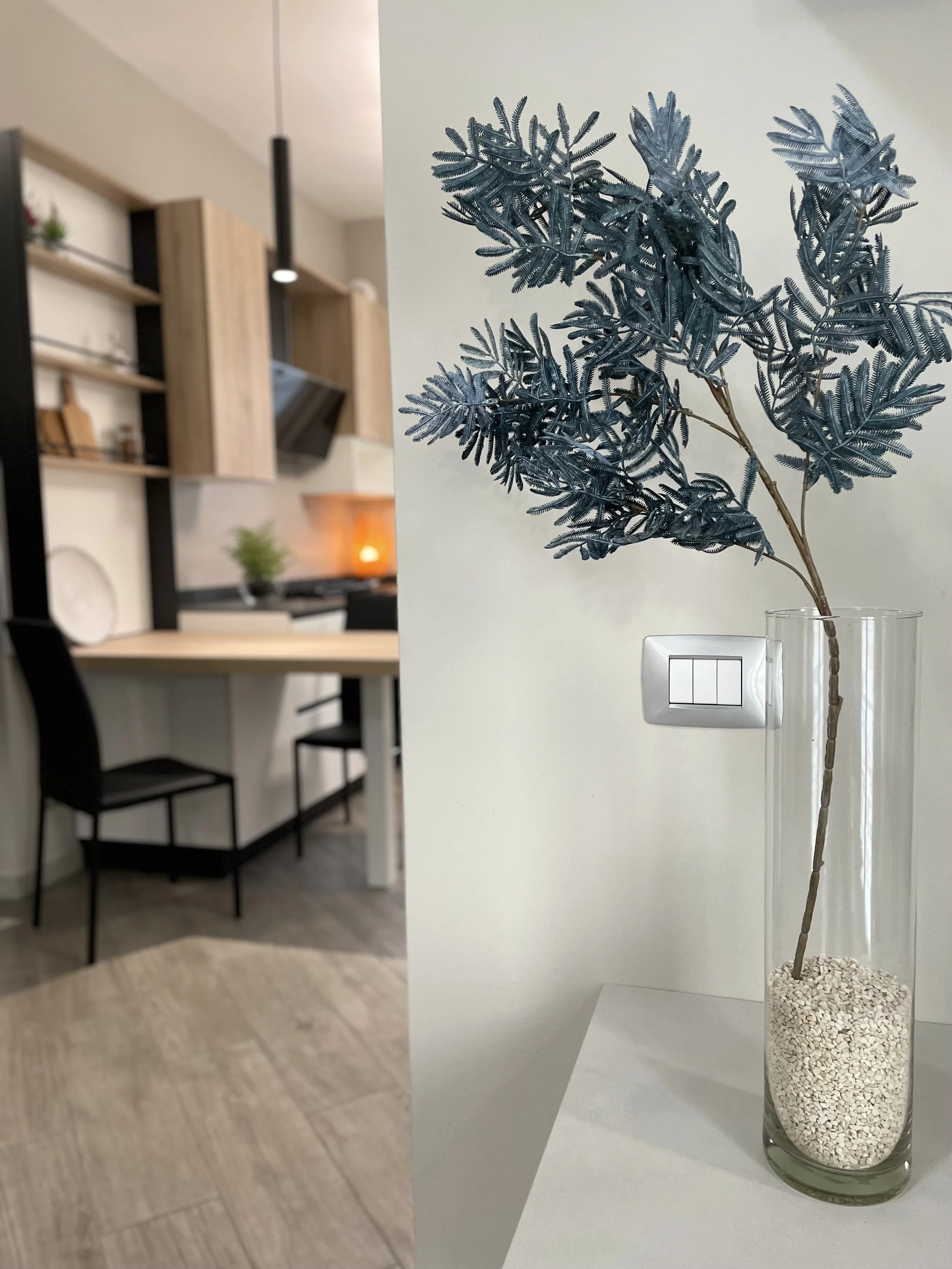 Interno di una cucina moderna con pianta decorativa in vaso trasparente, tavolo in legno, sedie nere e scaffali aperti sullo sfondo.