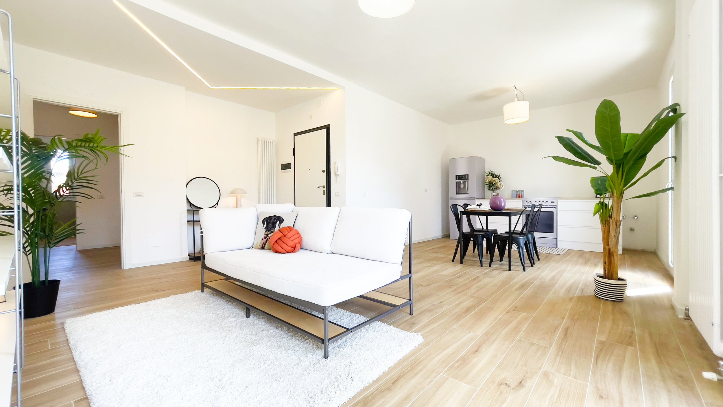 Soggiorno moderno con divano bianco, cucina aperta con tavolo e sedie, pianta ornamentale e pavimento in legno.