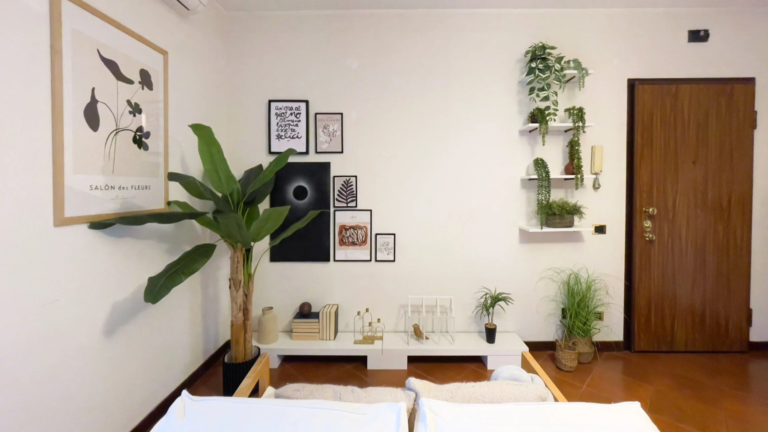 Soggiorno con decorazioni moderne, piante e quadri su un muro bianco, porta in legno a destra.