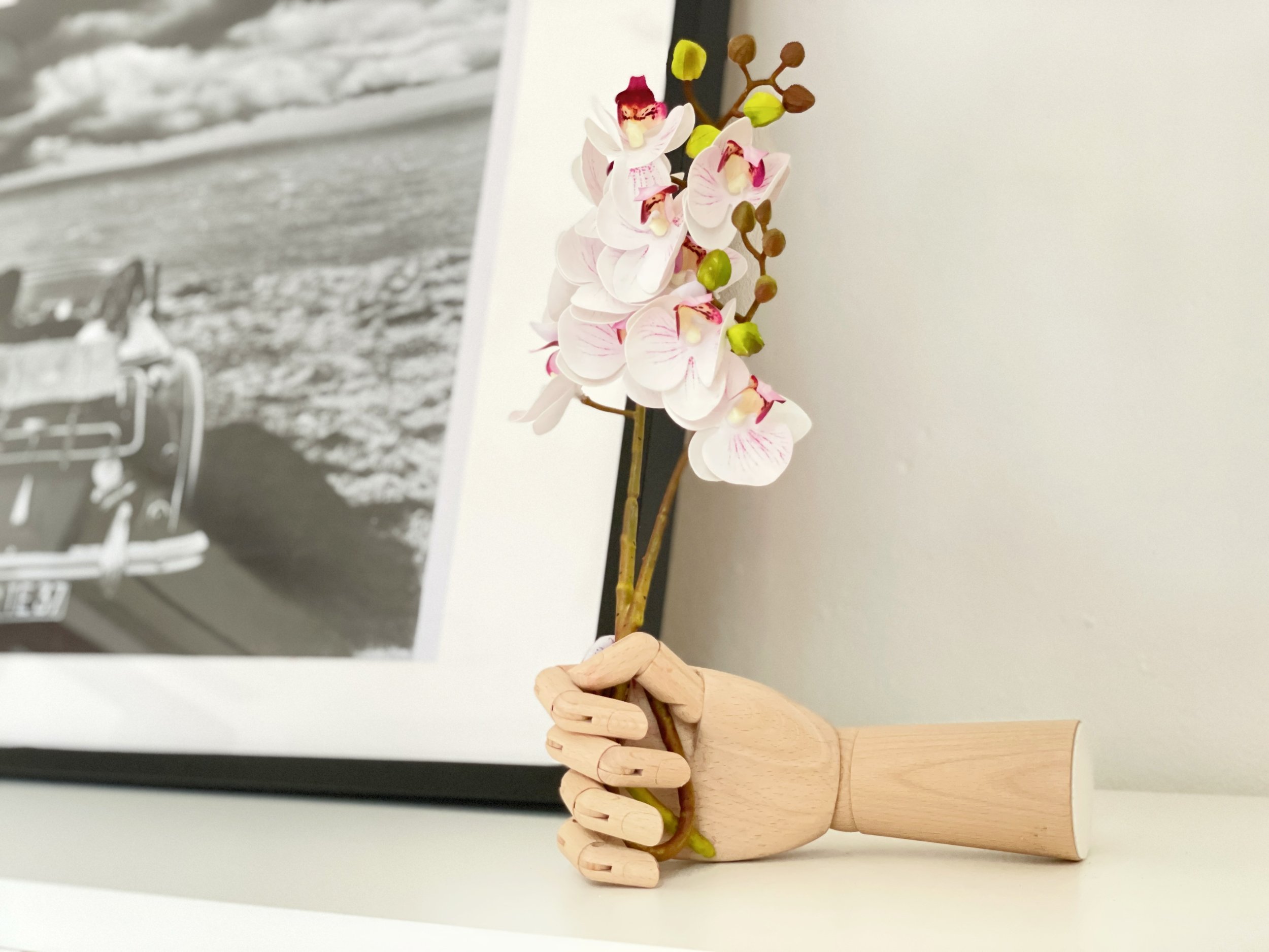 Mano in legno che sostiene un ramo di orchidee. Sullo sfondo, una foto in bianco e nero di un'auto d'epoca.