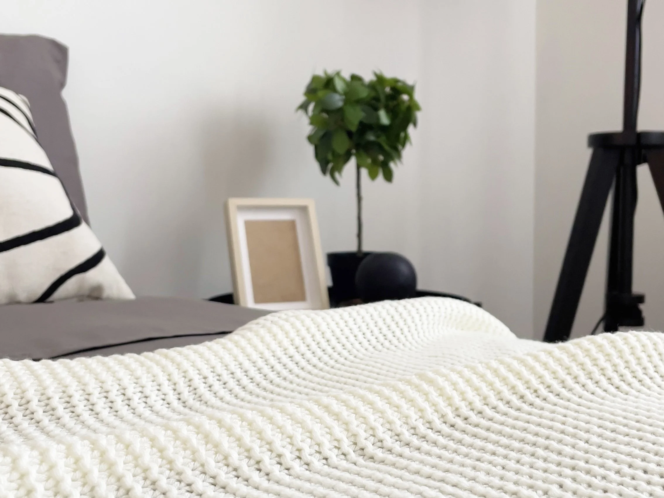 Interno di una camera da letto con letto ben fatto, cuscino a strisce, coperta bianca, pianta verde e cornice per foto su un comodino.