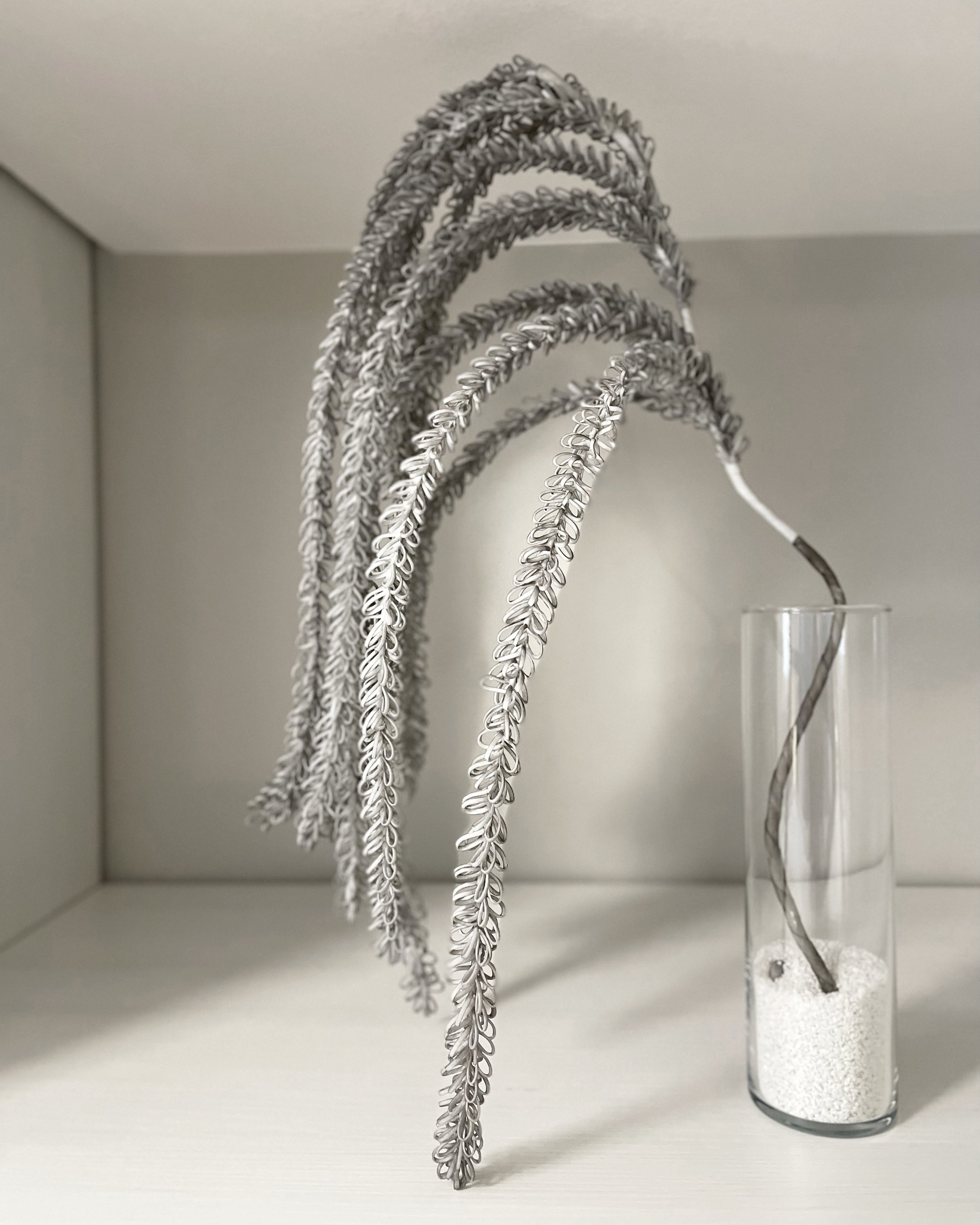 Ramo decorativo argentato in vaso trasparente su sfondo neutro