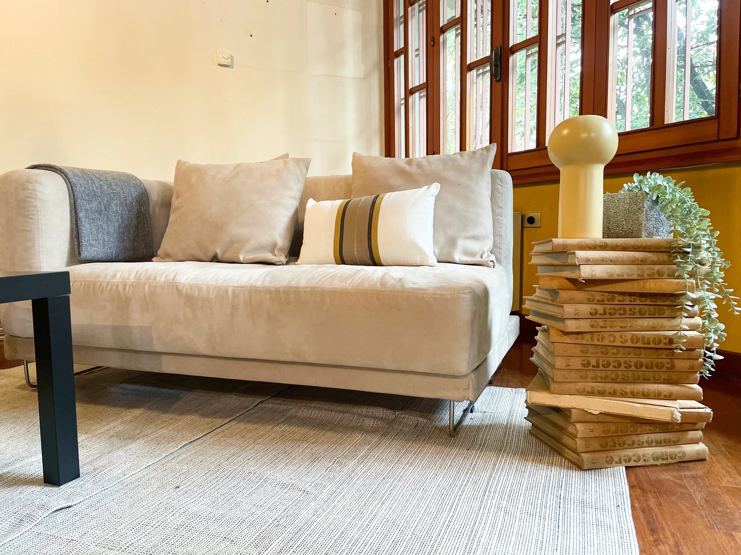 Divano beige con cuscini, coperta grigia, tavolino nero, pila di libri e pianta decorativa accanto a grandi finestre in legno.