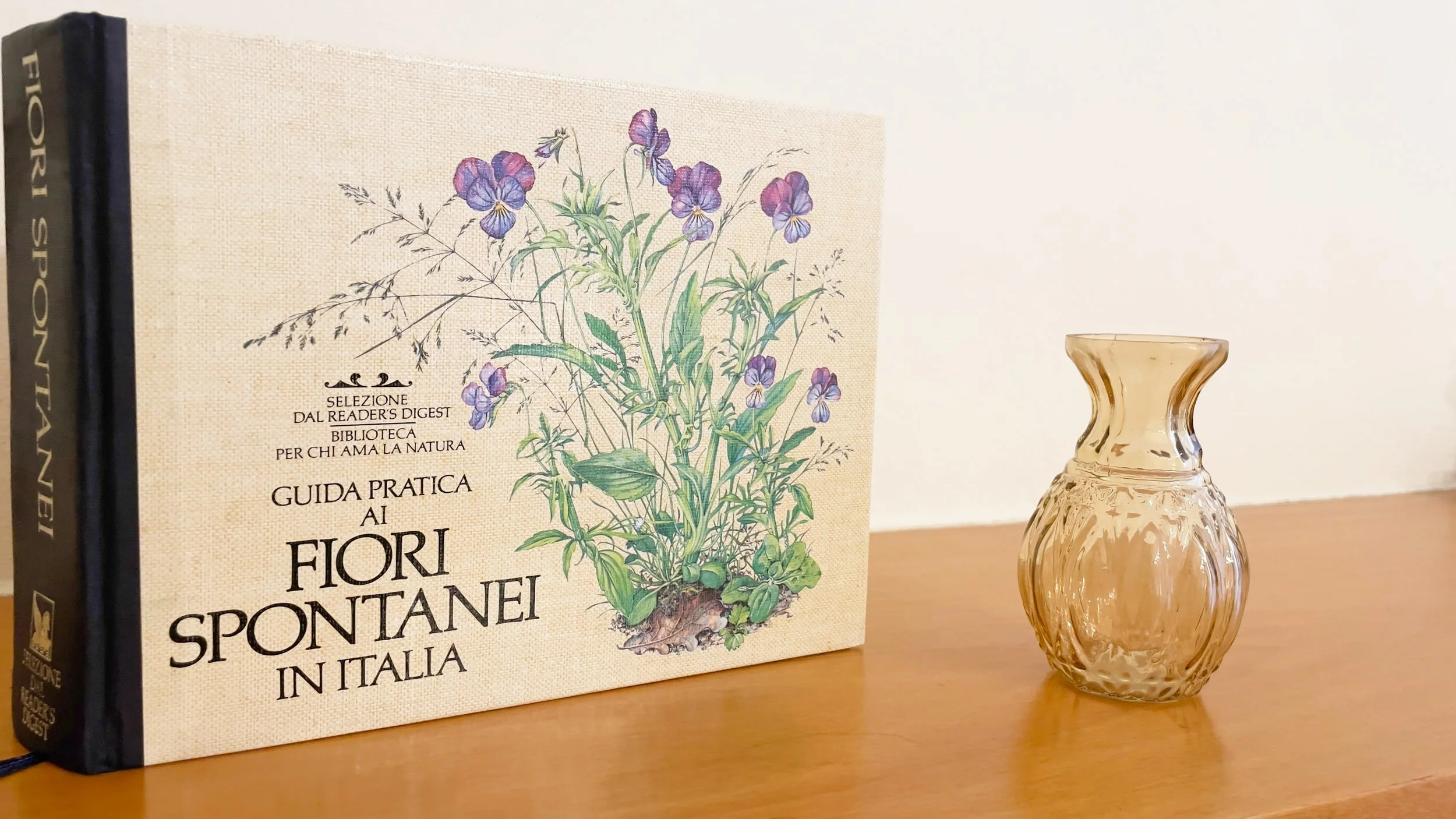 Libro intitolato 'Guida pratica ai fiori spontanei in Italia' accanto a un vaso di vetro trasparente su un tavolo di legno.