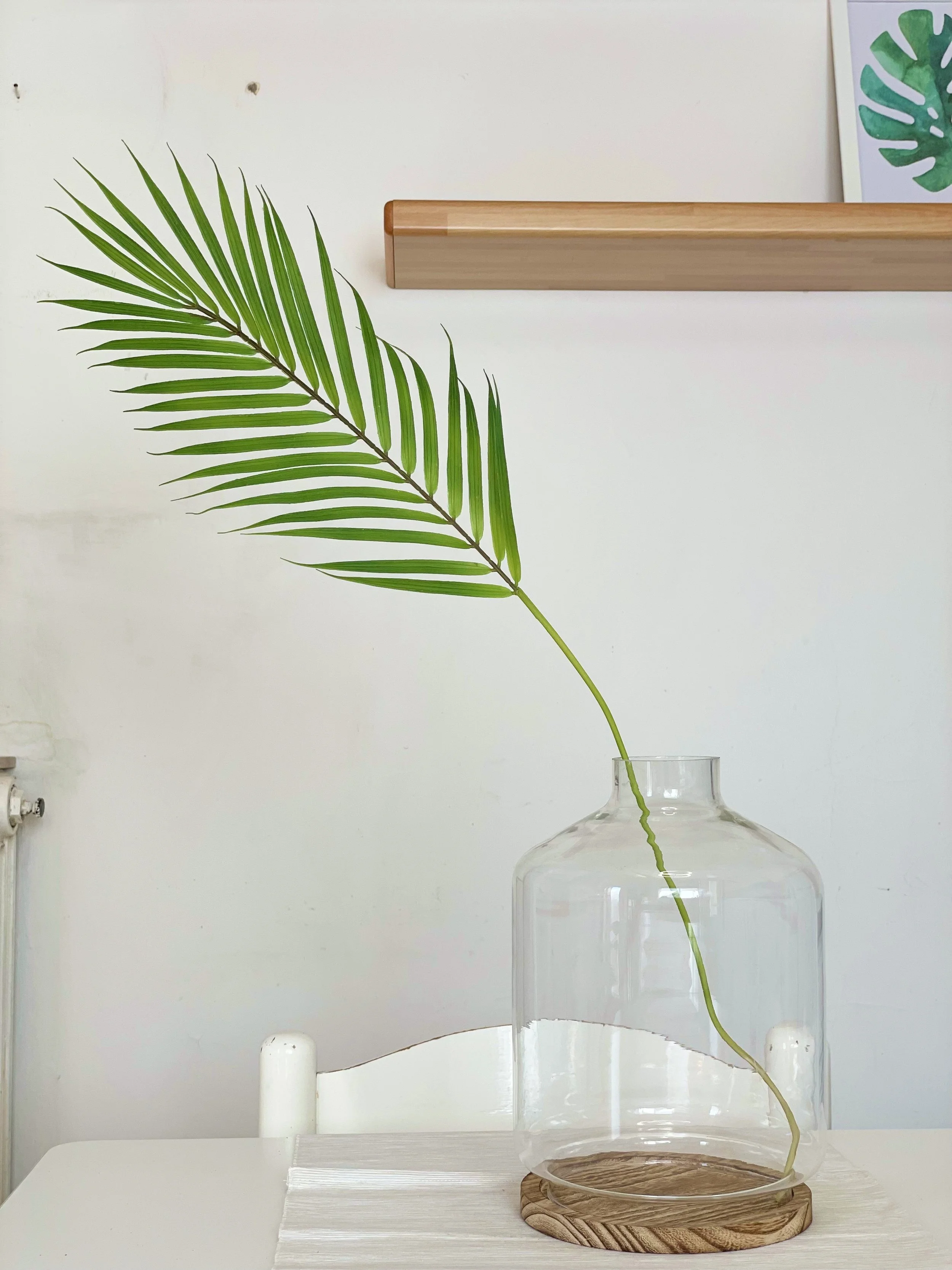 Foglia di palma in un vaso di vetro su un tavolo bianco con una mensola di legno sopra.