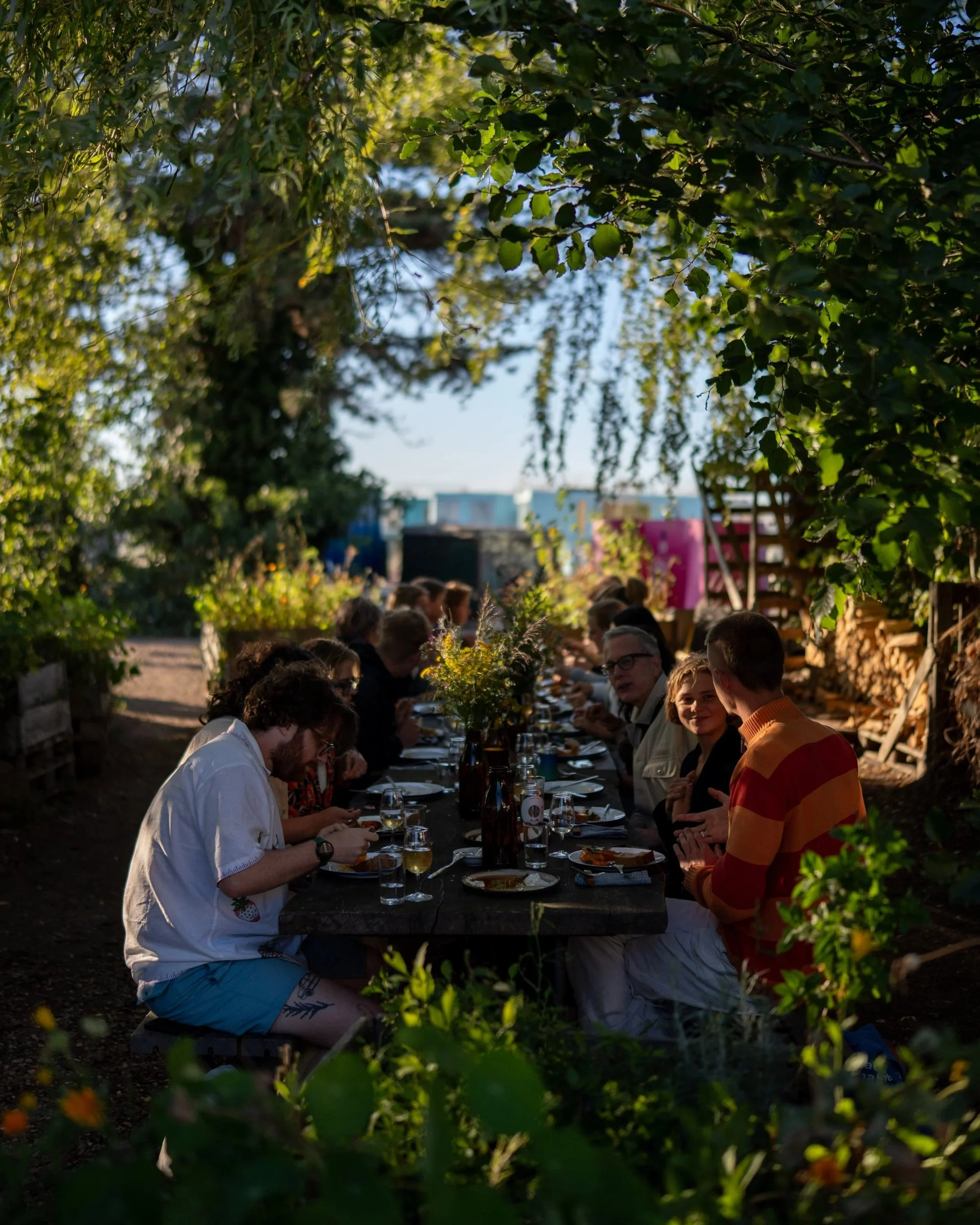 People sitting at a long outdoor dining table in a garden shaded by trees, enjoying a meal together during sunset.