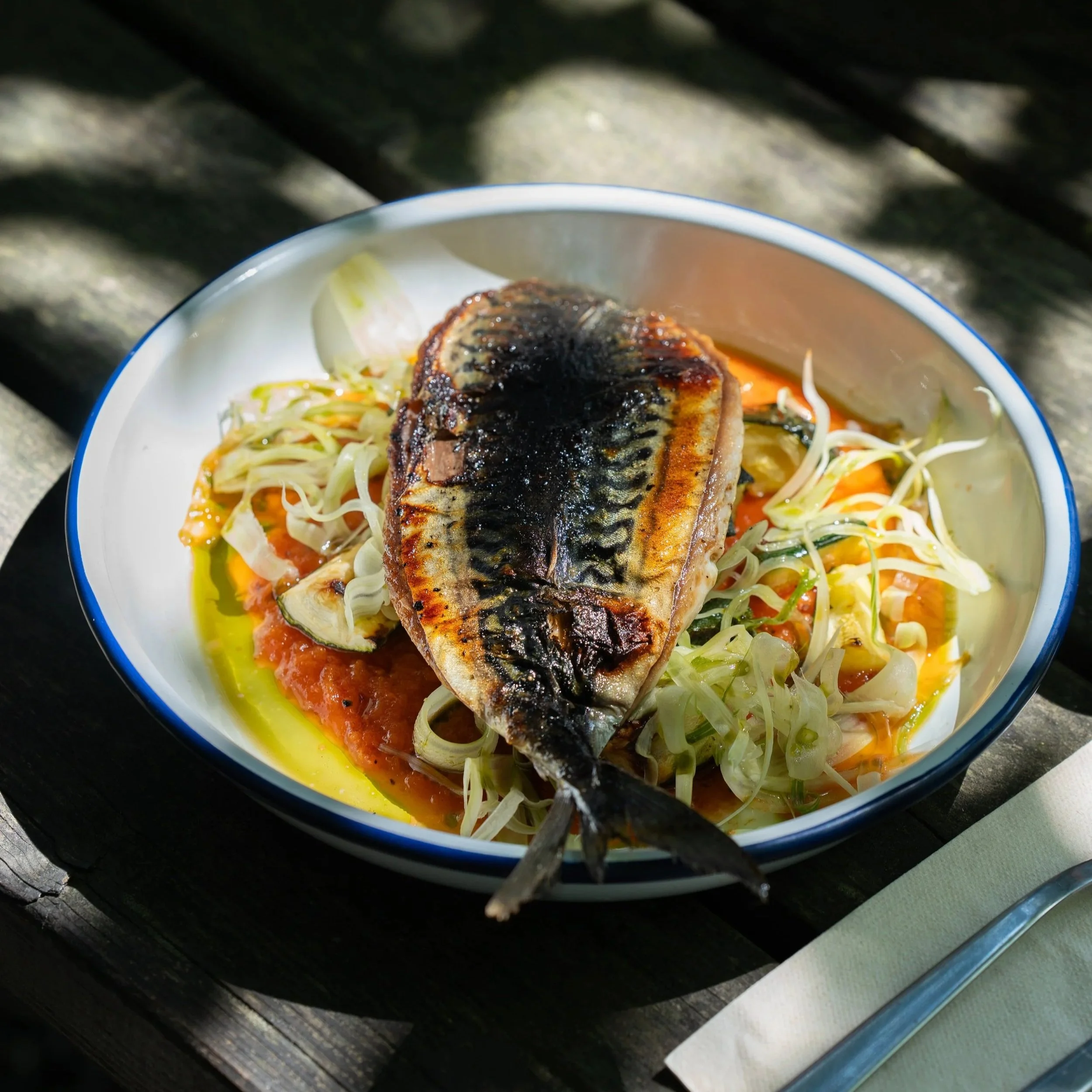 Close-up of a grilled fish fillet served on a bed of shredded vegetables in a white ceramic bowl with a blue rim, placed on a dark wooden surface outdoors.