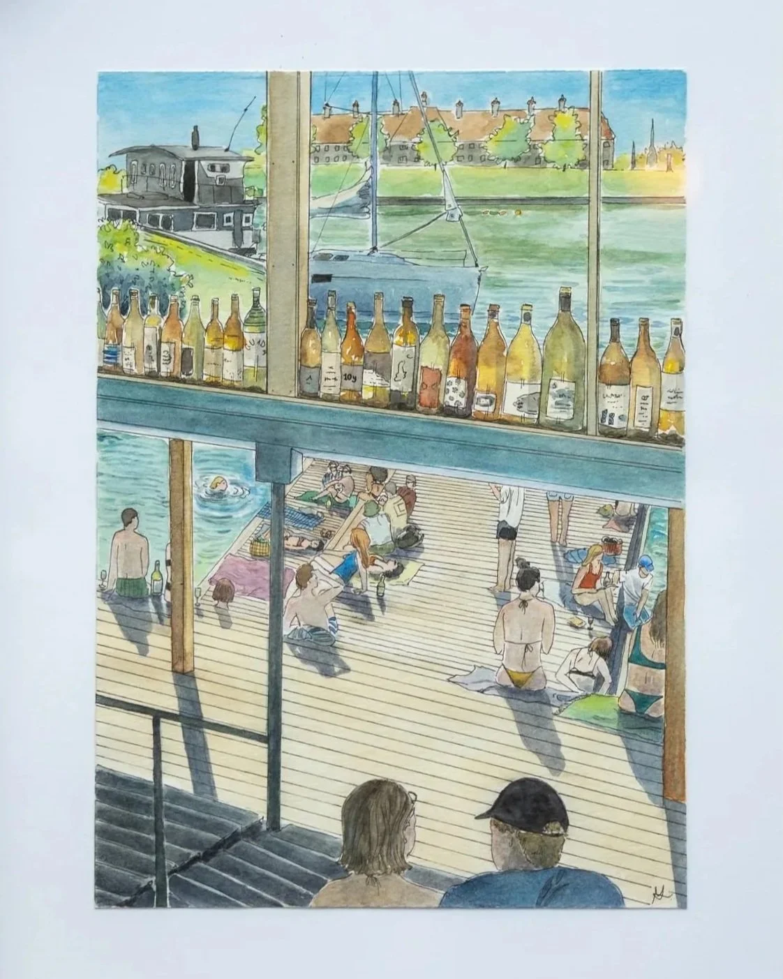 A watercolor illustration of a lakeside scene viewed from a cafe or restaurant with a large window. Inside, two people are sitting at a table, observing people on a wooden deck by the water. Outside, on the deck, people are lounging and swimming, with a boat on the lake. Through the window, there is a view of a sailboat, green trees, and buildings across the water, with bottles lined along the window ledge.