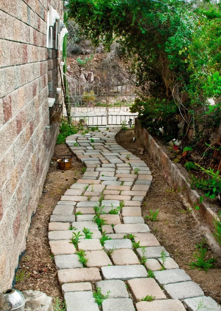 A winding brick pathway lined with soil and small plants on both sides, with a brick wall on the left and dense greenery on the right, leading to a metal fence gate in the background.