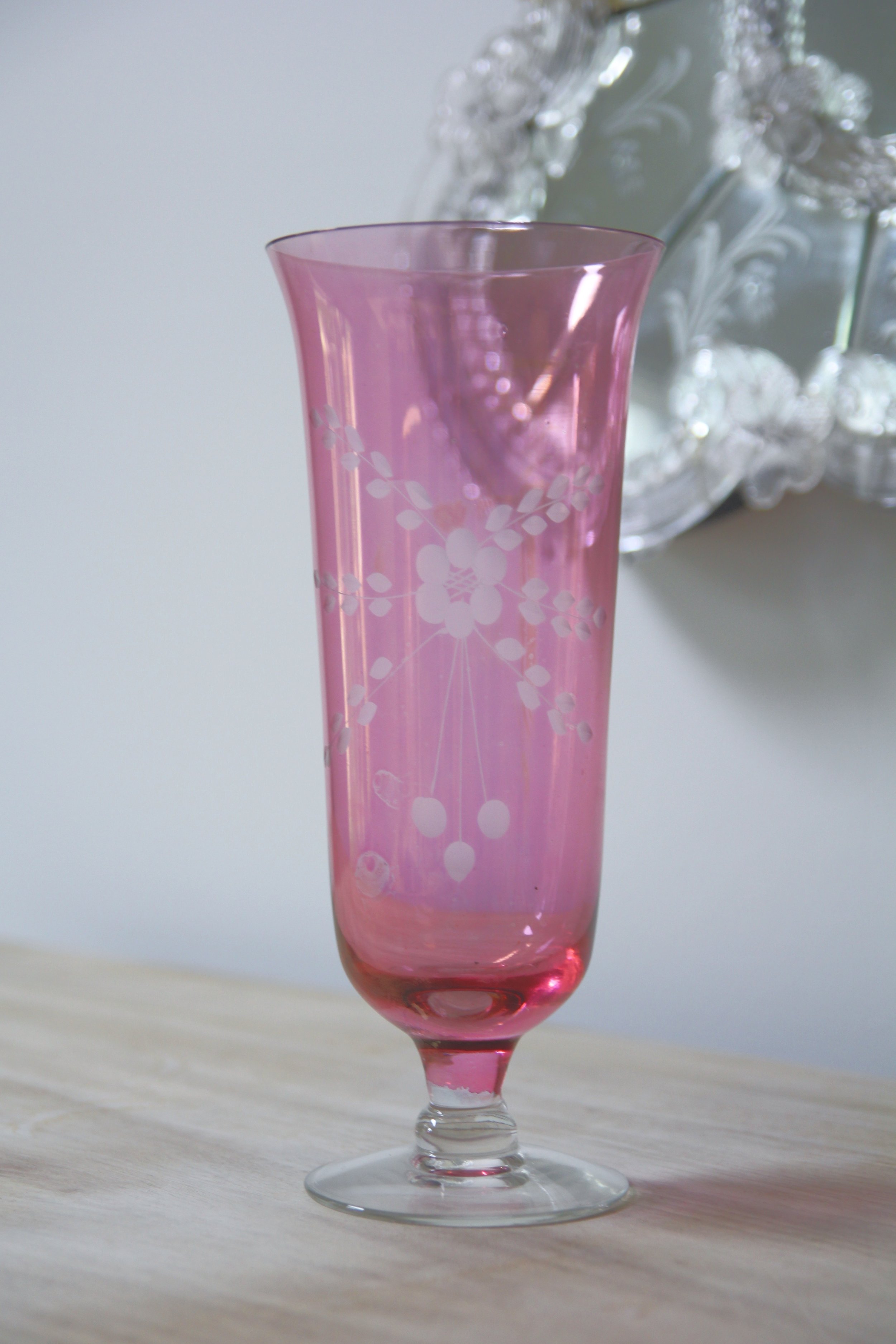 Pink Glass Etched Vase