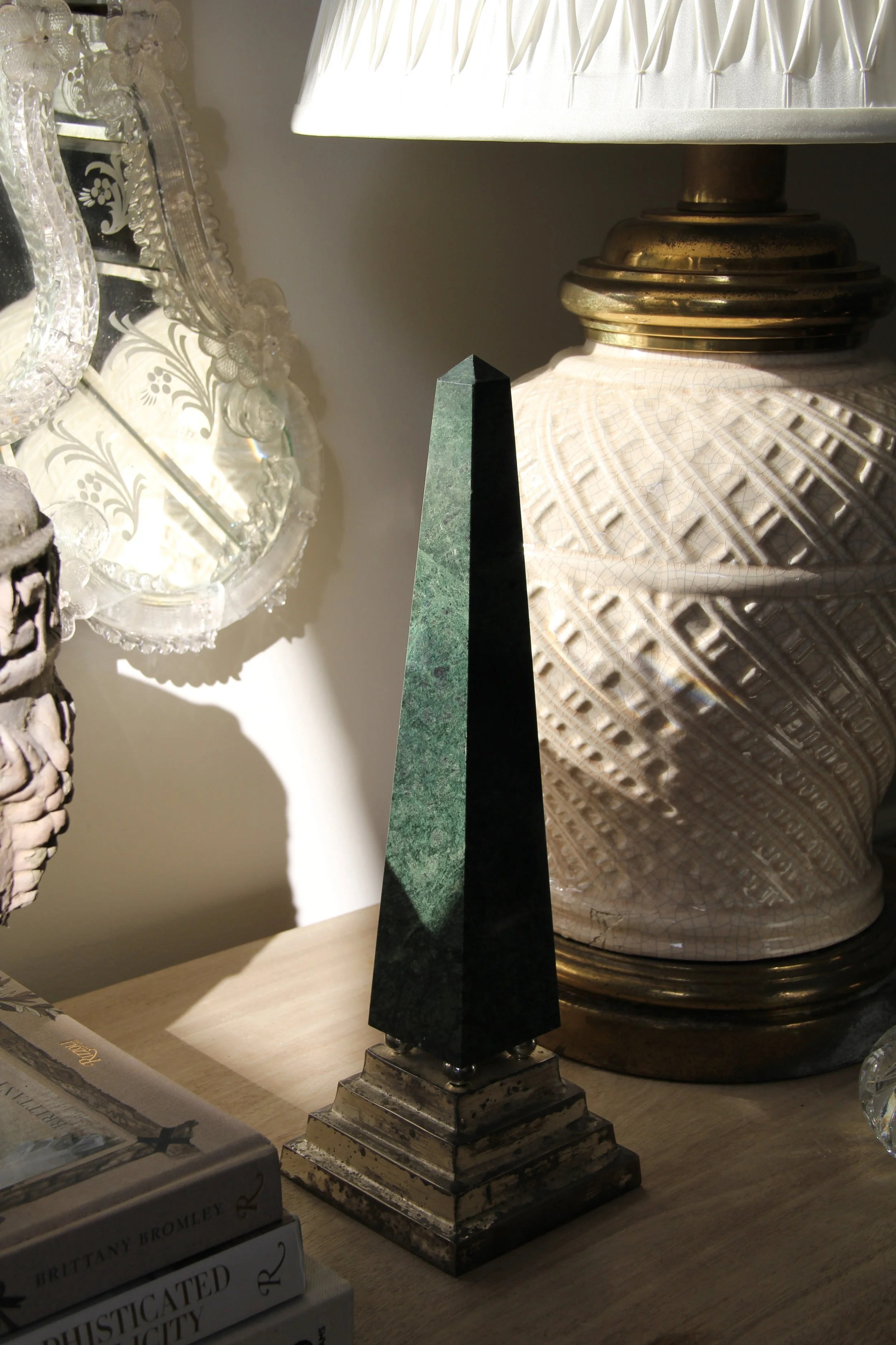 Large Green Marble Obelisk on Silver Art Deco Pedestal