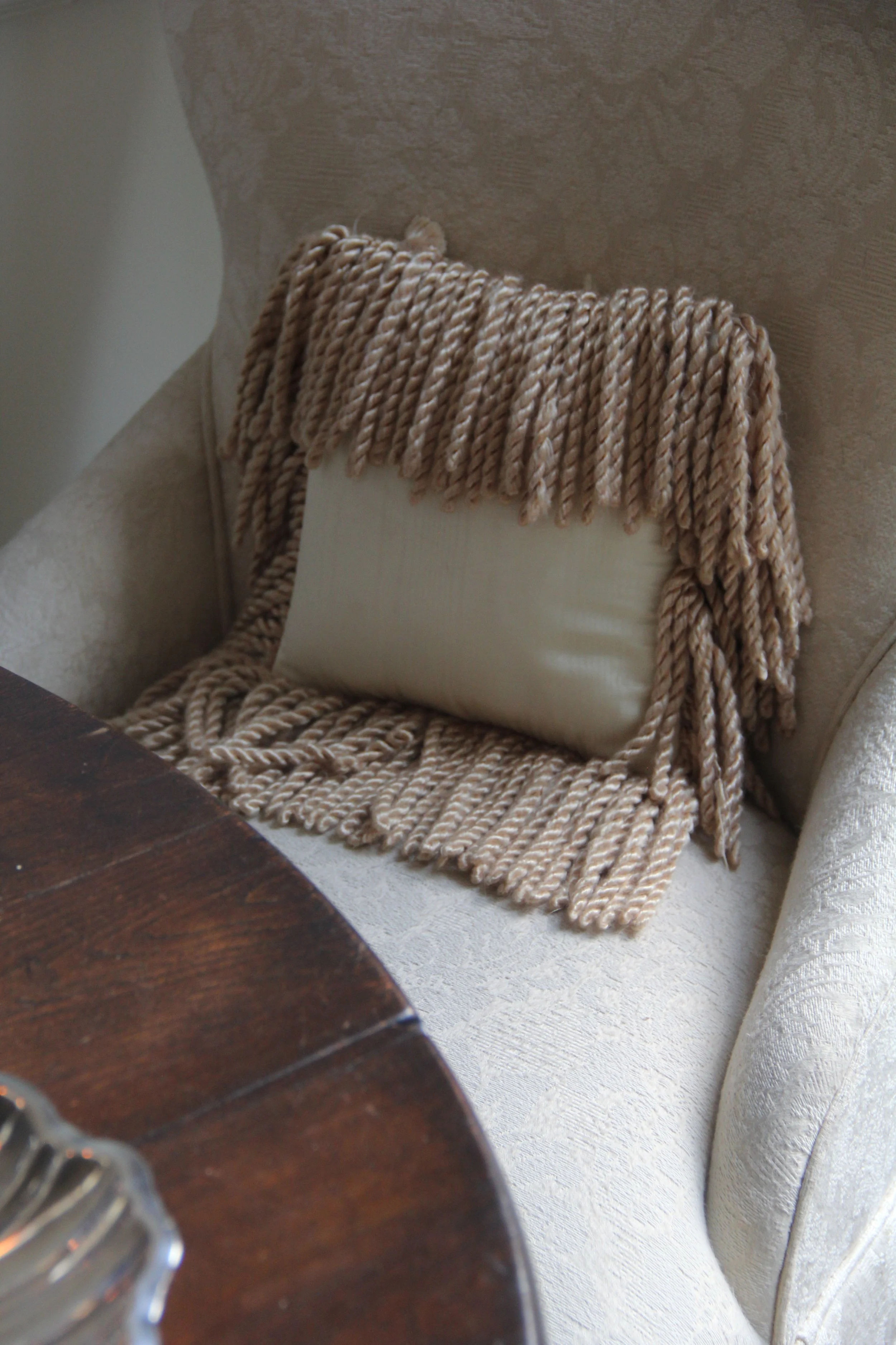 Mini Square Pillow with Rope Fringe and Silk Moire