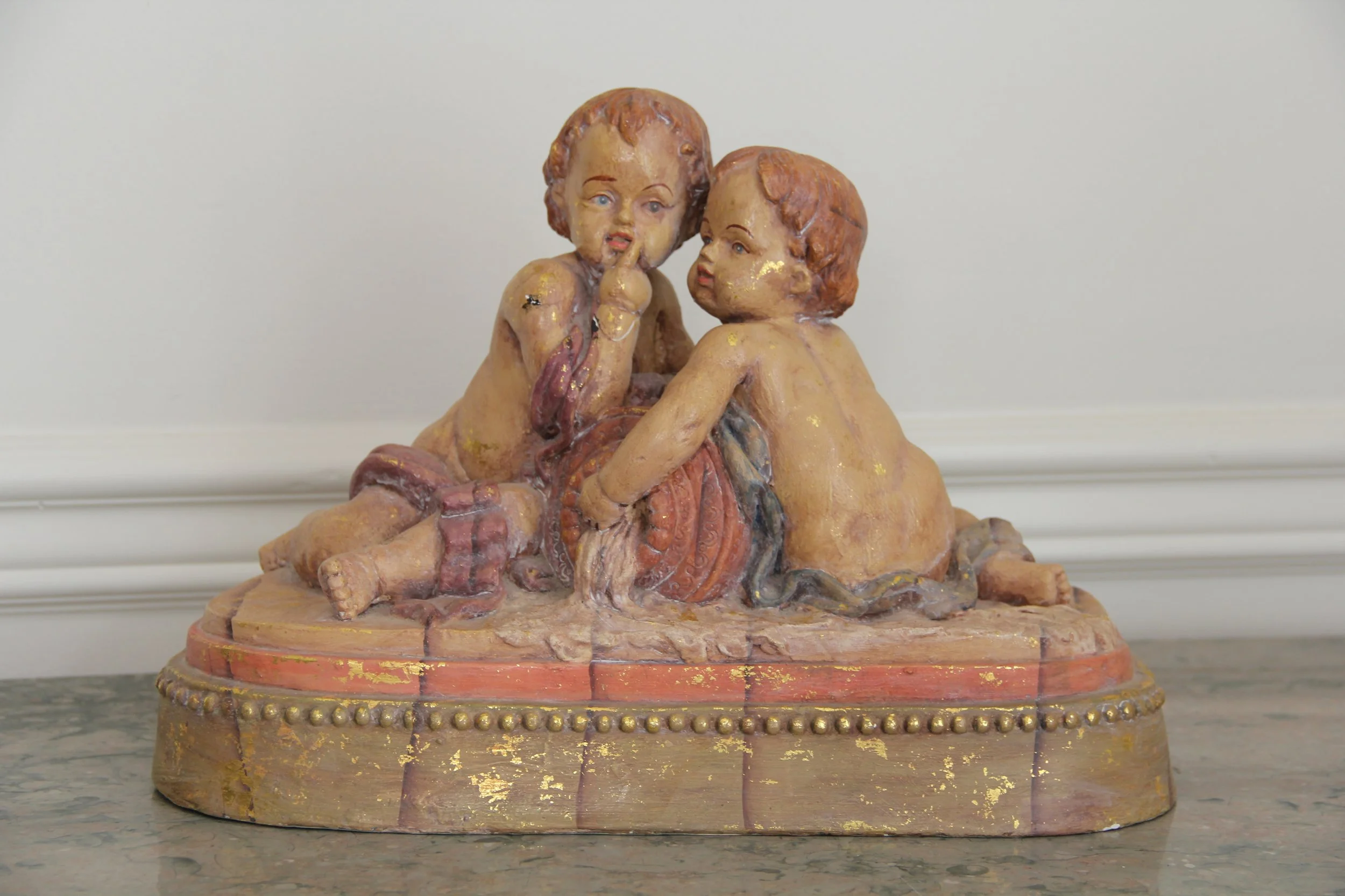 Large Wooden Patina'd Cherubs Figurine