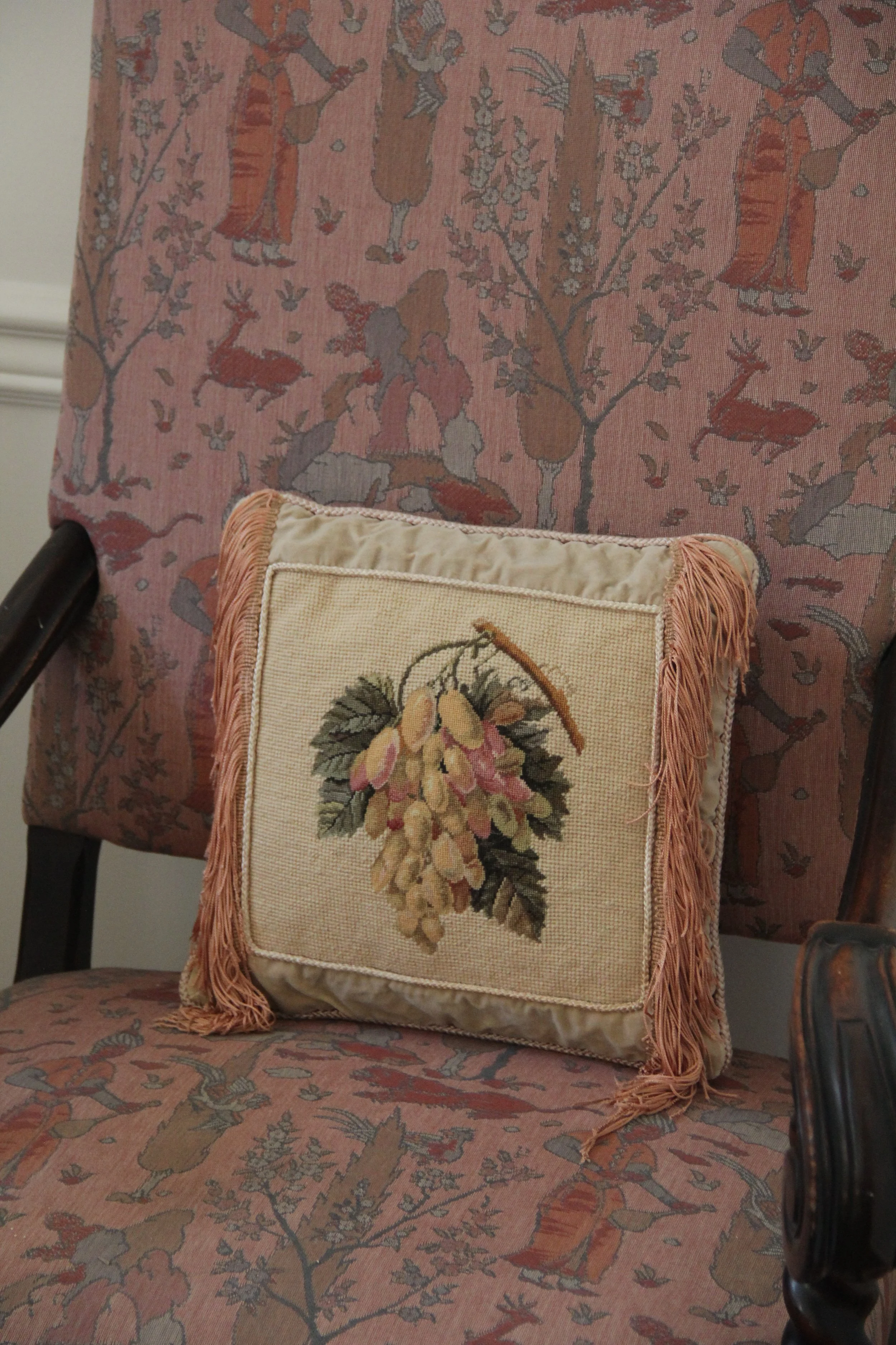 Vintage Grape Needlepoint Fringe Pillow
