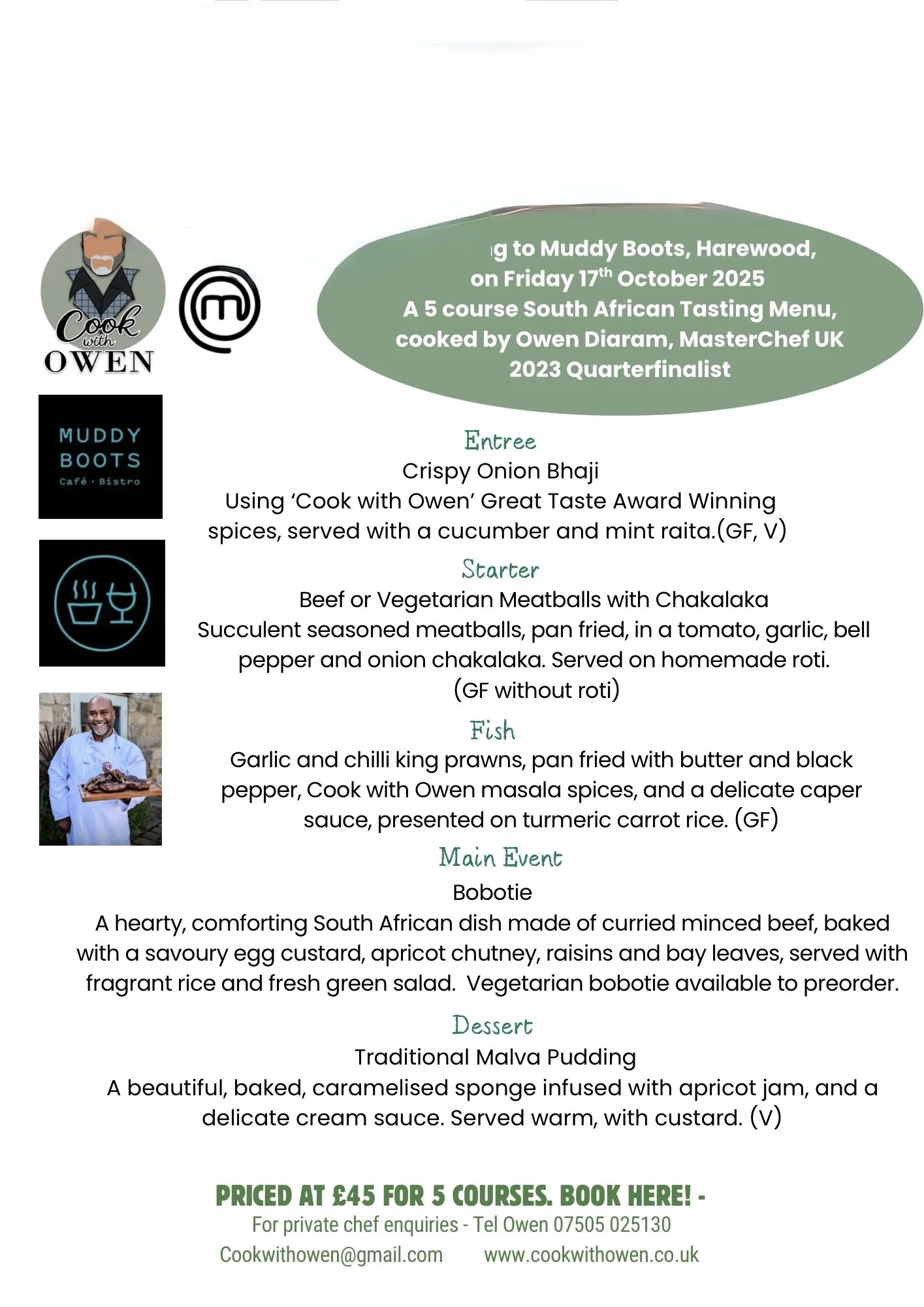 Owen Diaram MasterChef Quarter Finalist at Muddy Boots, Harewood