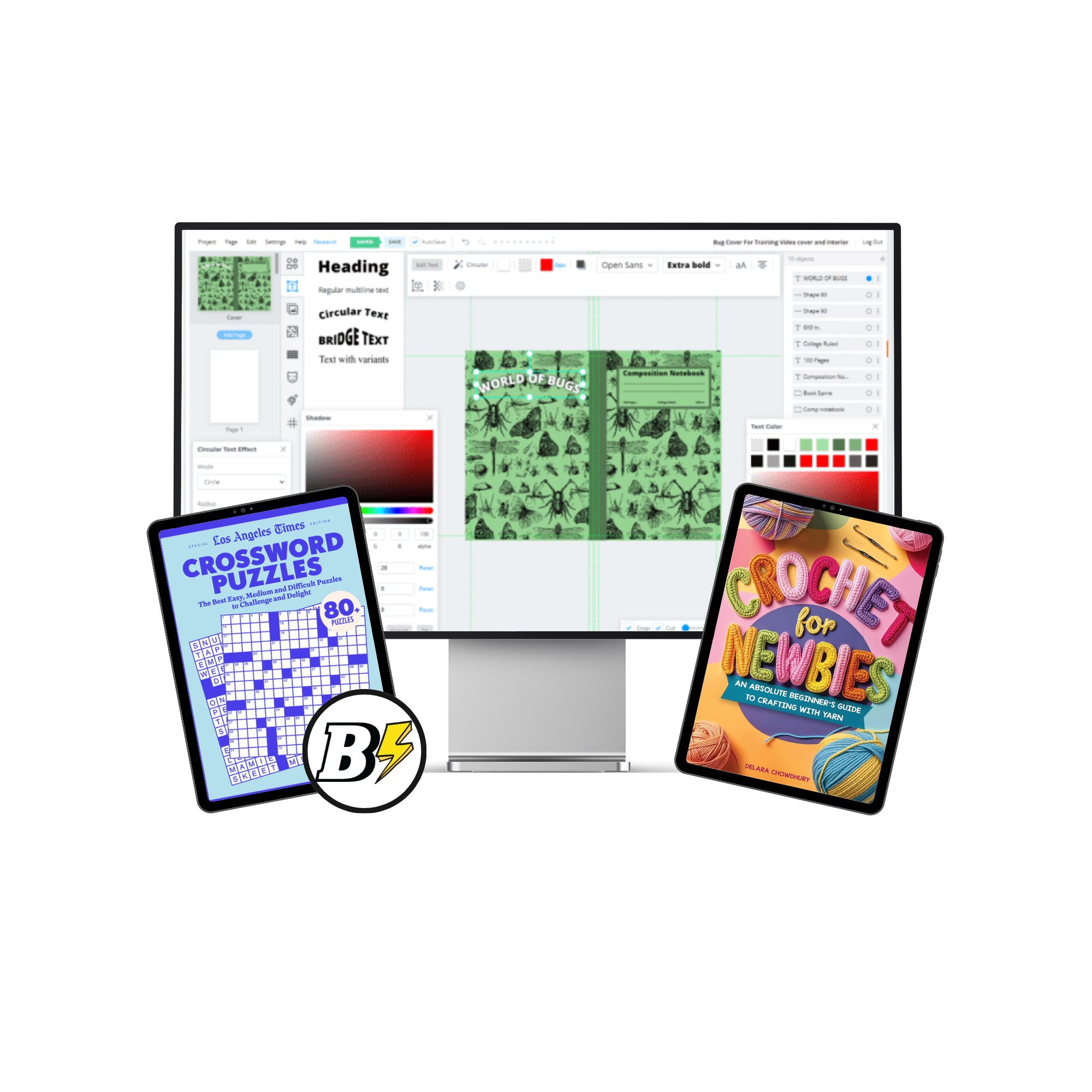Multiple electronic devices displaying various screen designs, including a crossword puzzle, a colorful crochet guide, and a digital design interface.