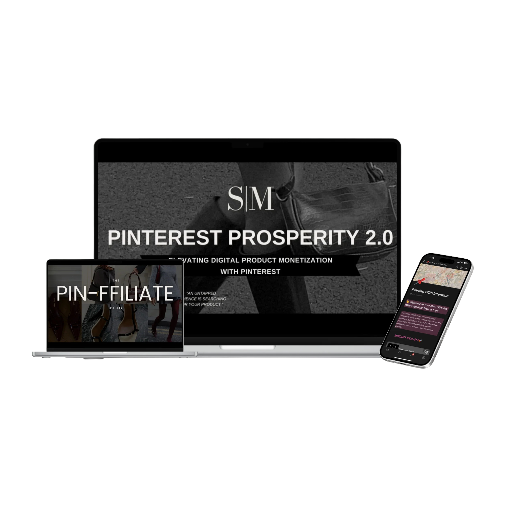 Digital display with text 'Pinterest Prosperity 2.0' and images of mobile devices showing Pinterest content.