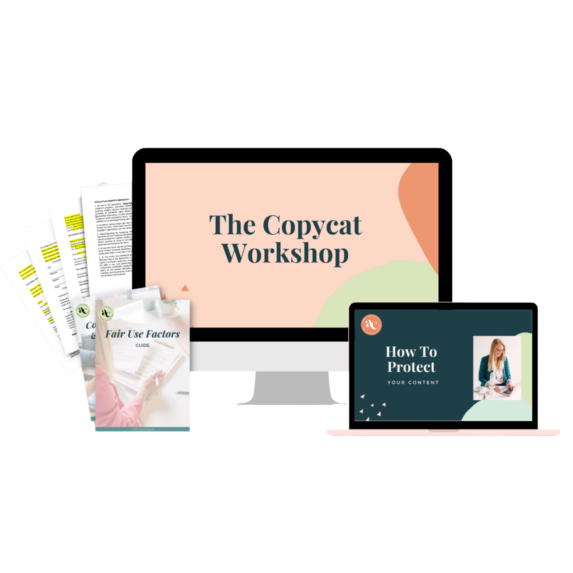 Computer monitor displaying a digital workshop titled 'The Copycat Workshop' with documents and papers, and a tablet showing a how-to guide on protecting your content, along with a woman working at a desk.