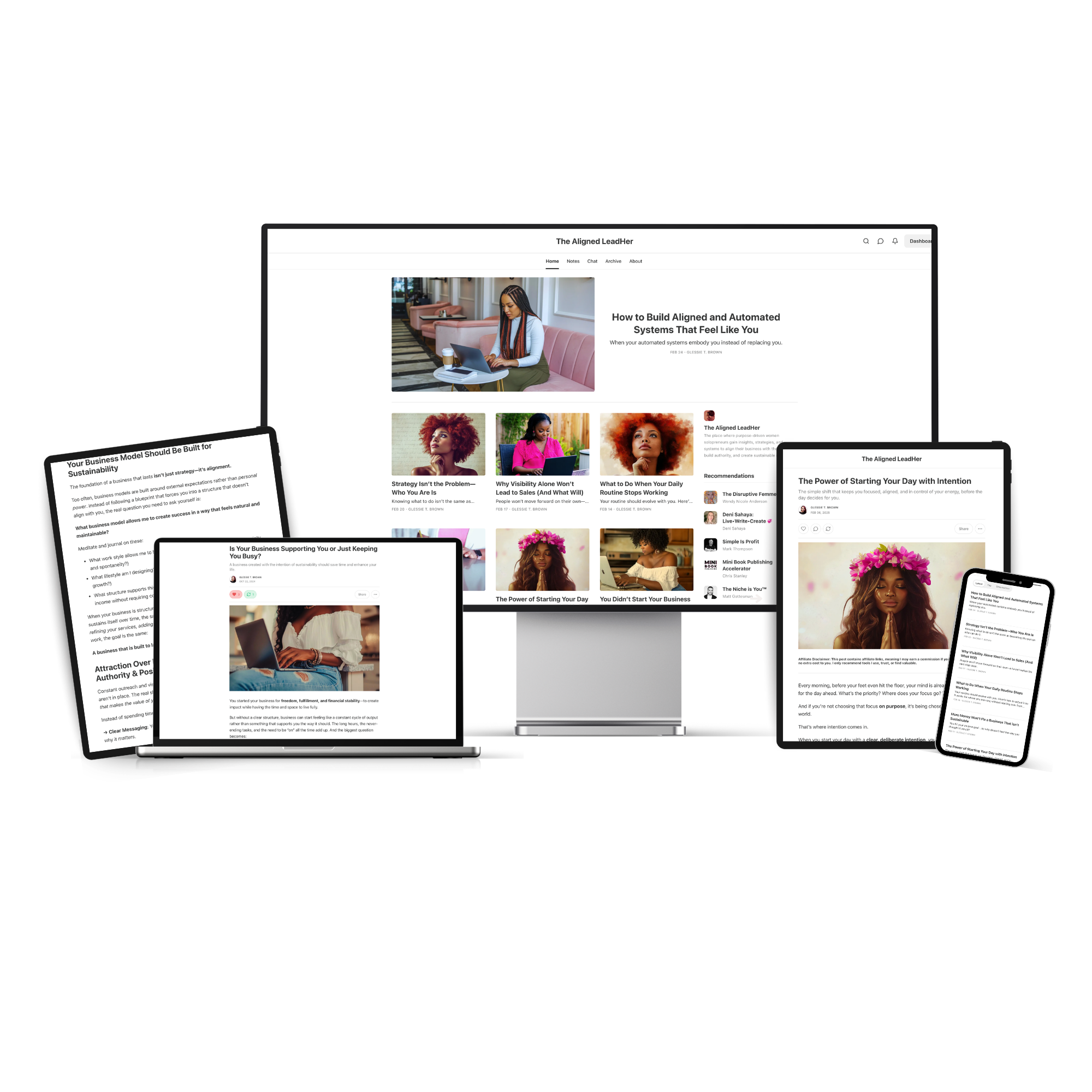Image of digital devices showing written published by The Aligned LeadHer newsletters by Glessie T. Brown