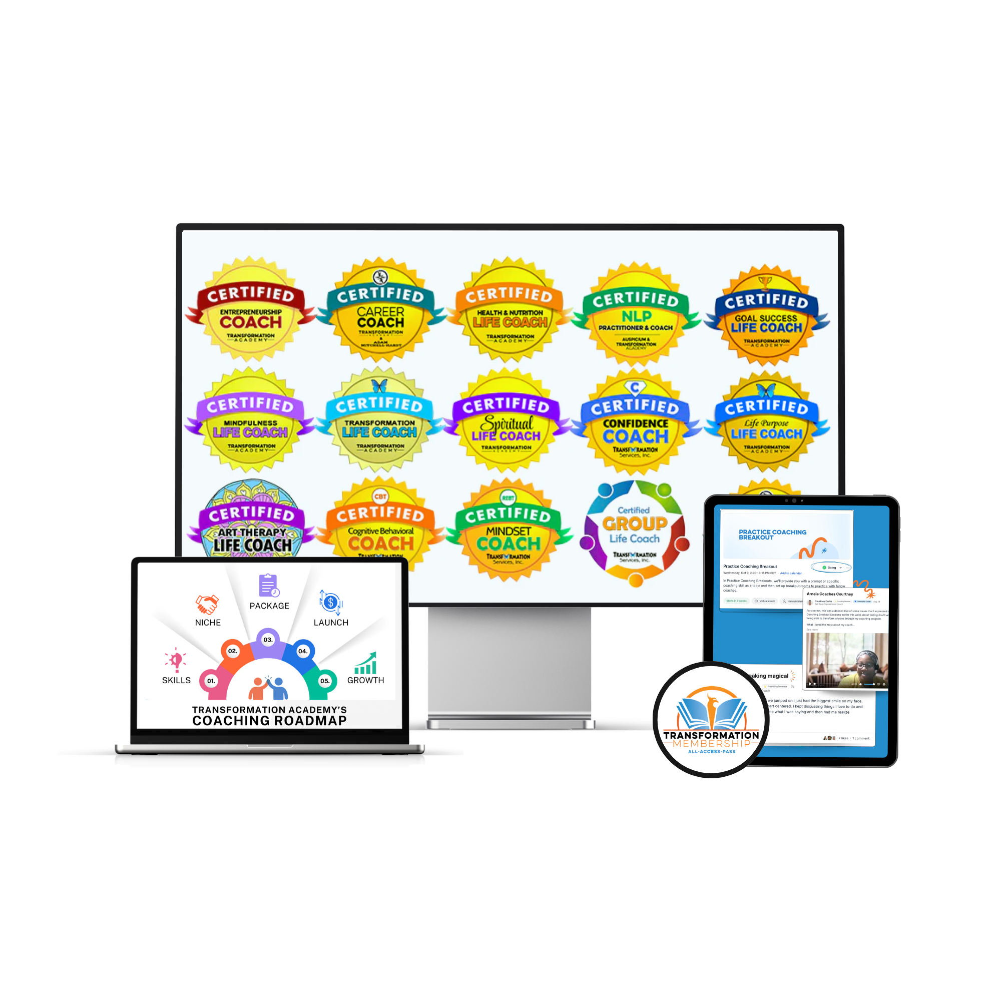 Collection of certification badges for various coaching specialties including entrepreneurship, career, stress & nutrition, NLP, goal success, mindfulness, spiritual, confidence, and life purpose coaching.