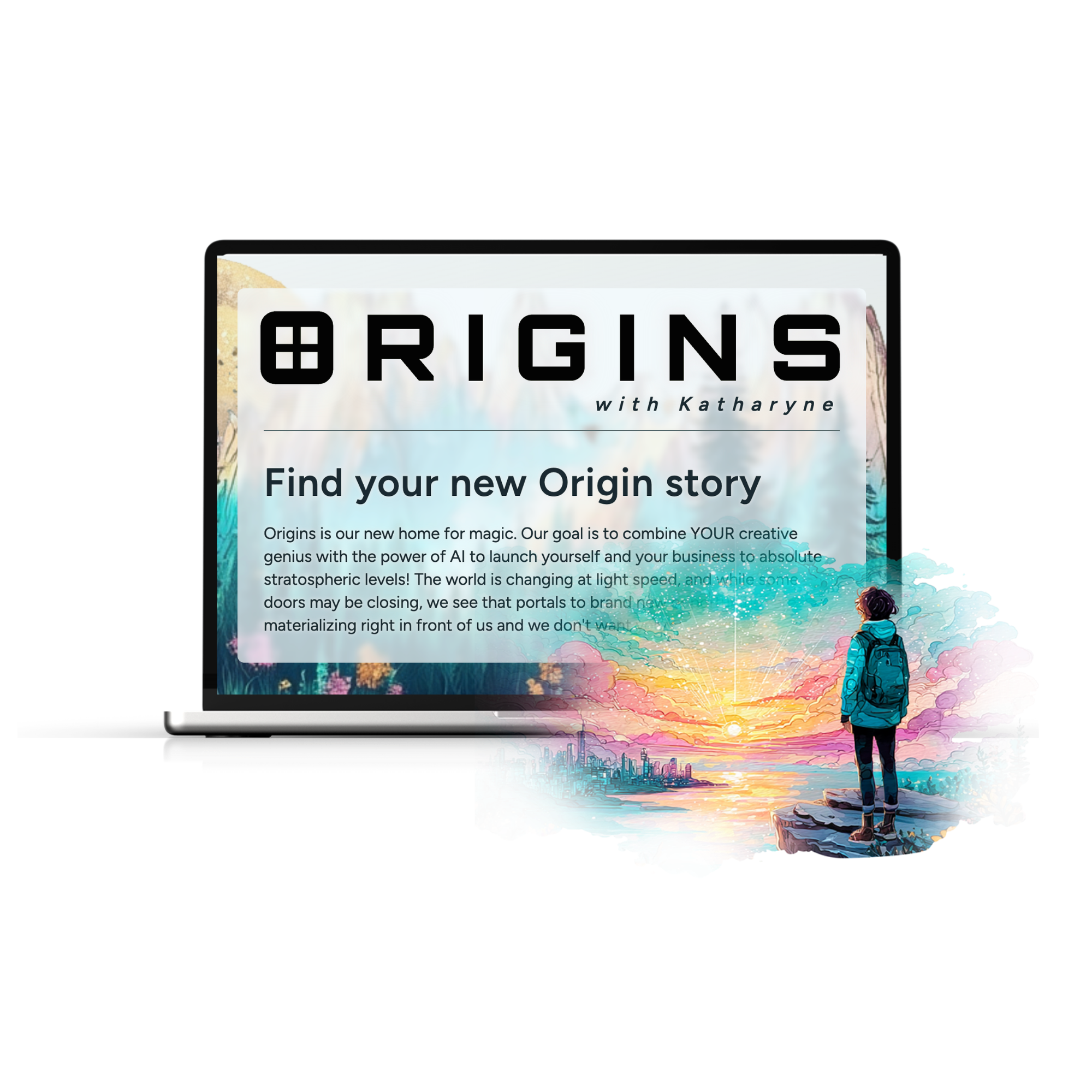 A digital illustration promoting a show called 'Origins with Katharyne,' depicting a woman in a blue jacket standing on a rocky outcrop overlooking a vibrant cityscape at sunset with colorful clouds in the sky.