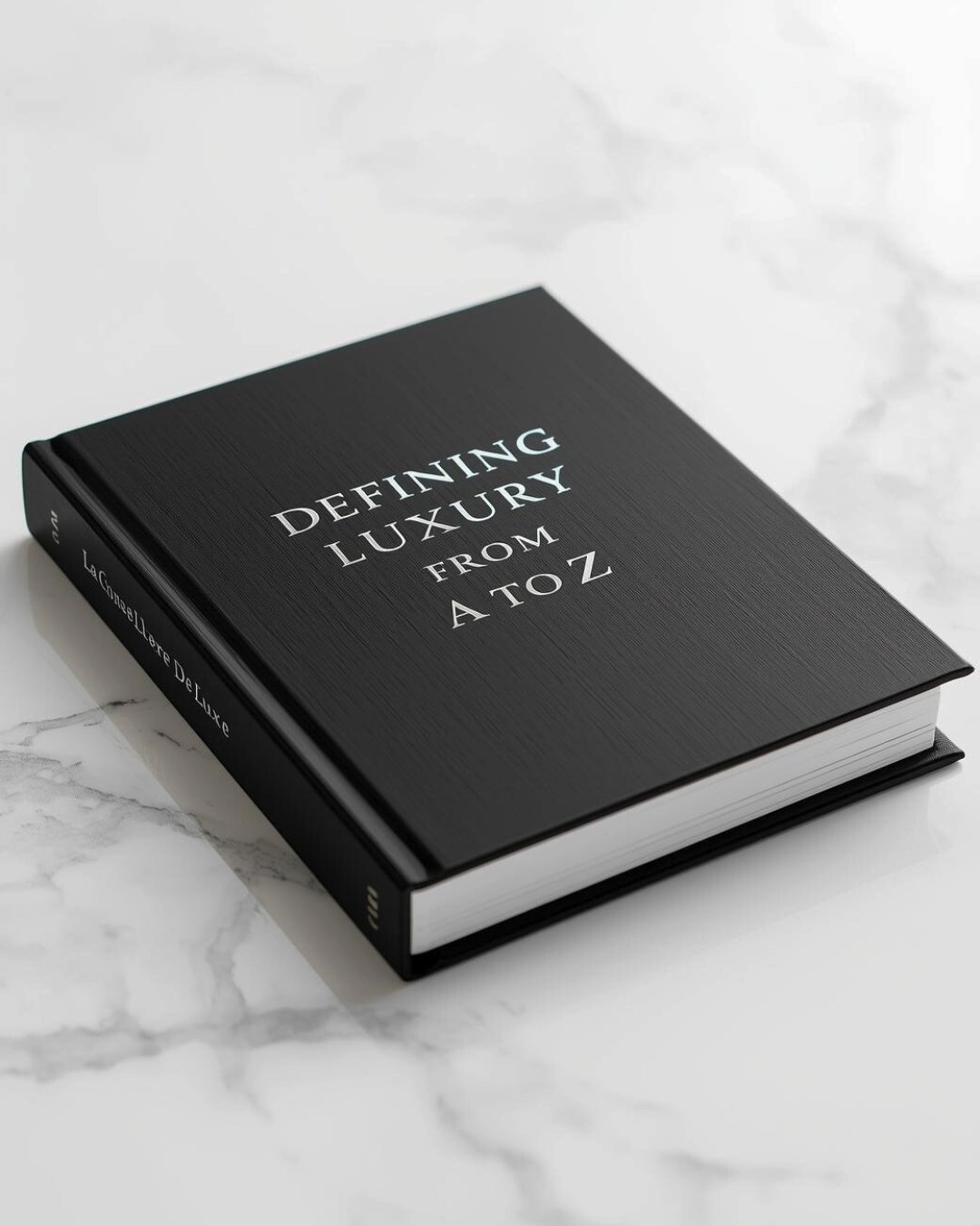 Elegant hardcover black book titled “Defining Luxury from A to Z” resting on a white marble table, representing the luxury landscape and deep understanding of the industry