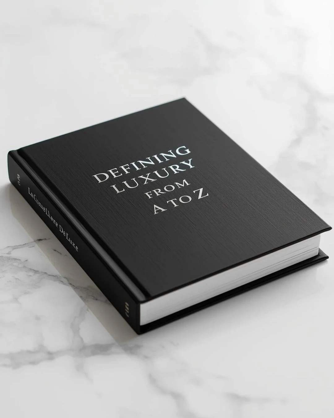 Elegant hardcover black book titled “Defining Luxury from A to Z” resting on a white marble table, representing the luxury landscape and deep understanding of the industry