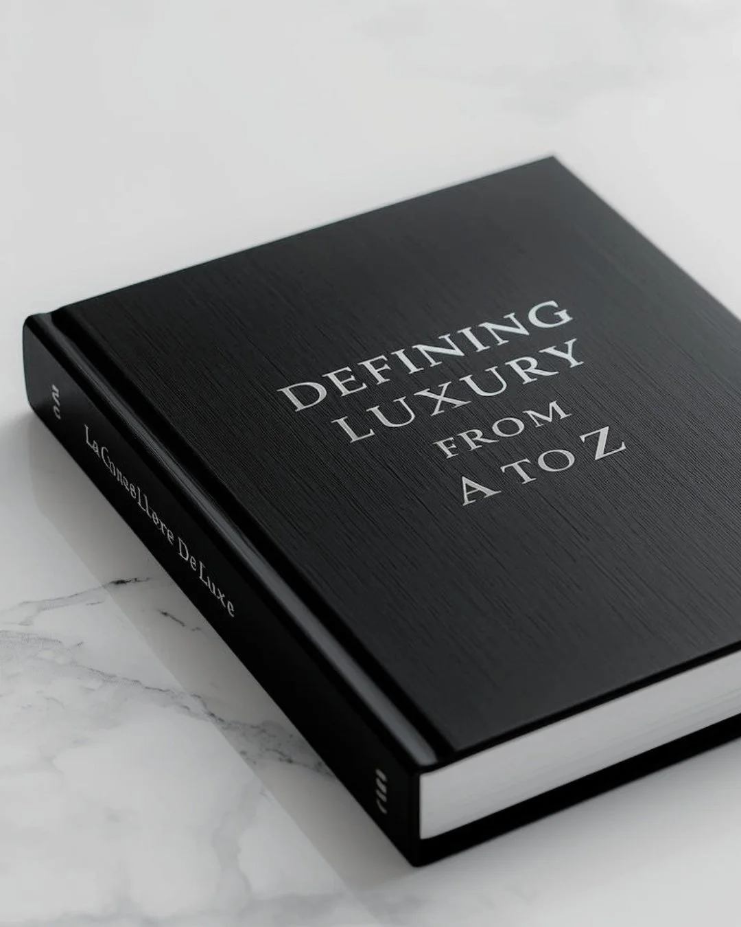 Elegant hardcover black book titled “Defining Luxury from A to Z” resting on a white marble table, representing the luxury landscape and deep understanding of the industry