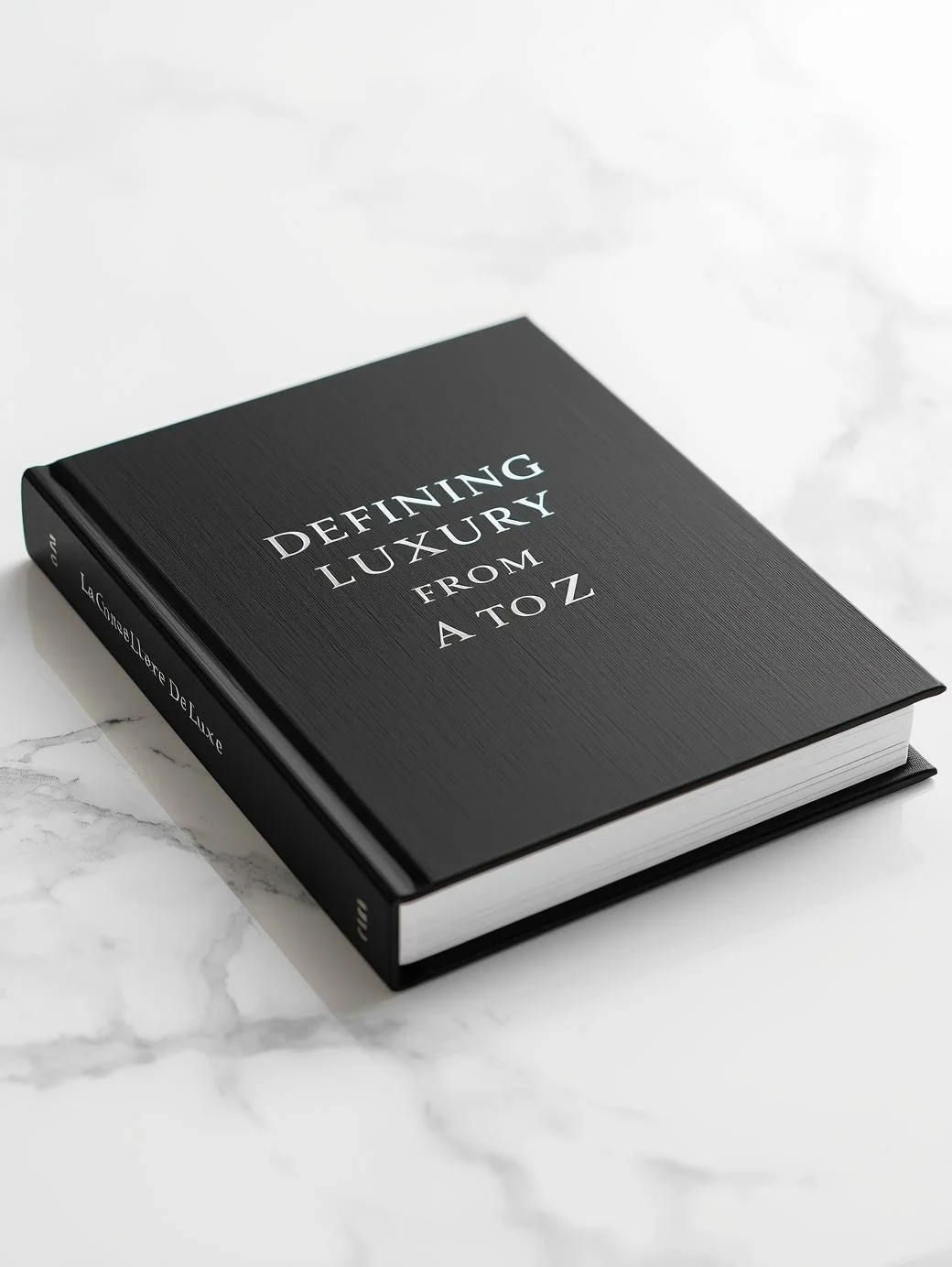 Elegant hardcover black book titled “Defining Luxury from A to Z” resting on a white marble table, representing the luxury landscape and deep understanding of the industry