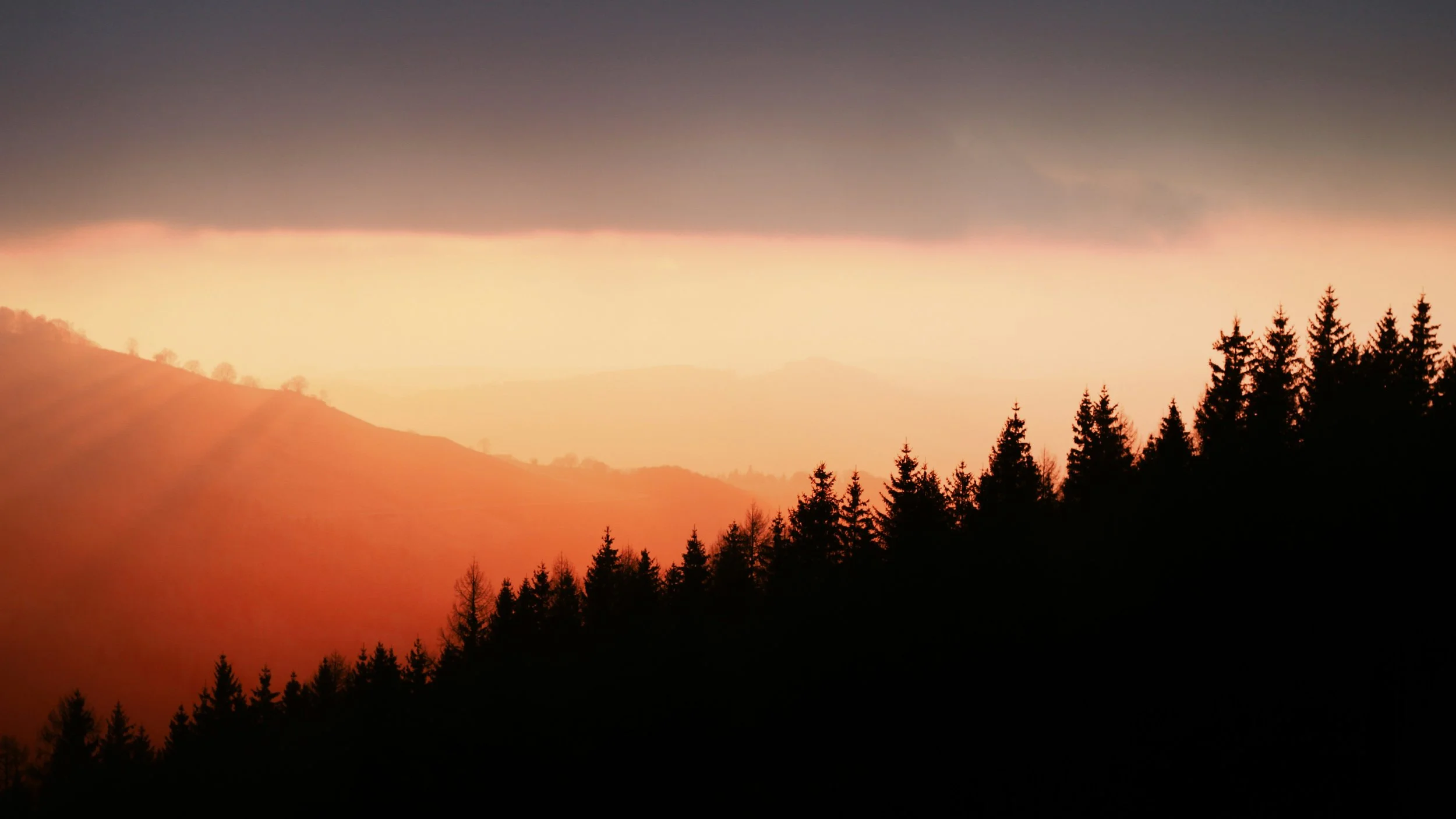 Sunset over a forested mountain landscape with dark silhouettes of trees in the foreground and a horizon glowing with orange and pink hues.