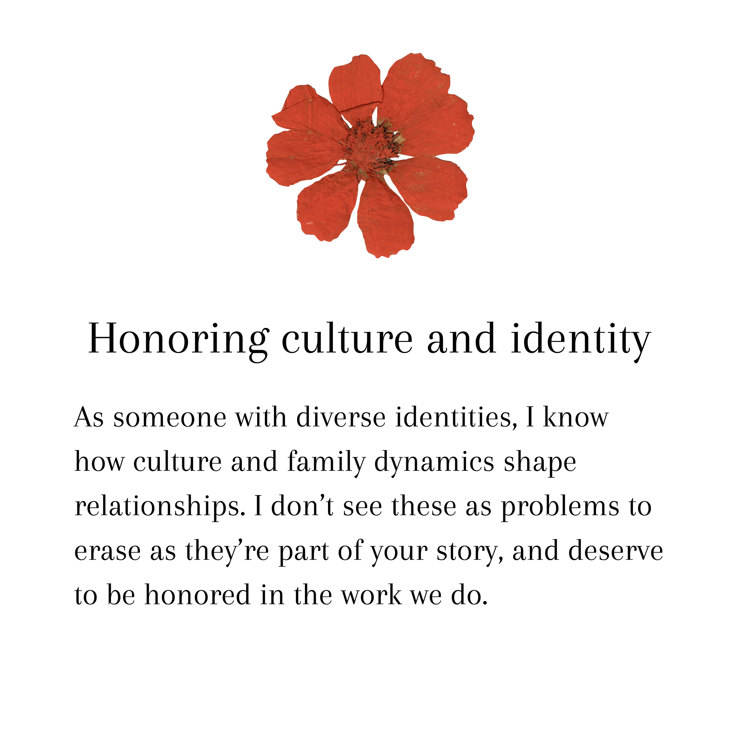 Honoring culture and identity. As someone with diverse identities, I know how culture and family dynamics shape relationships. I don’t see these as problems to erase as they’re part of your story, and deserve to be honored in the work we do.