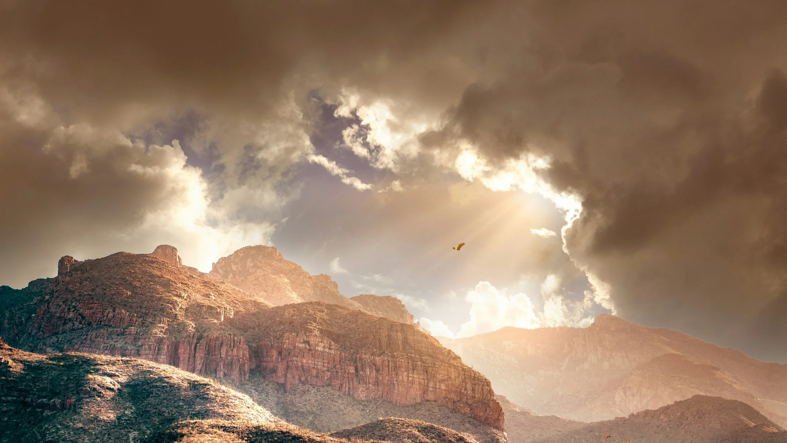 Sunlight breaking through dark clouds over a mountain range with brown rocky peaks; a bird flying in the sky.