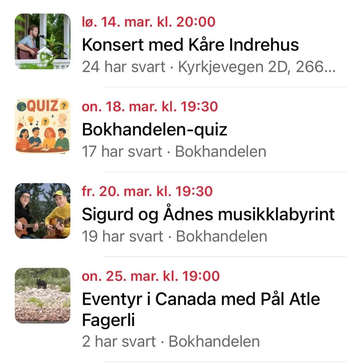 ❄️ Februar er over og vi &oslash;nsker mars velkommen! ❄️

I mars byr vi p&aring; b&aring;de konsert, quiz, musikklabyrint og spennande reiseeventyr &ndash; noko for ein kvar smak!

🎶 Konsert med K&aring;re Indrehus
🧠 Bokhandelen-quiz
🎸 Sigurd og 