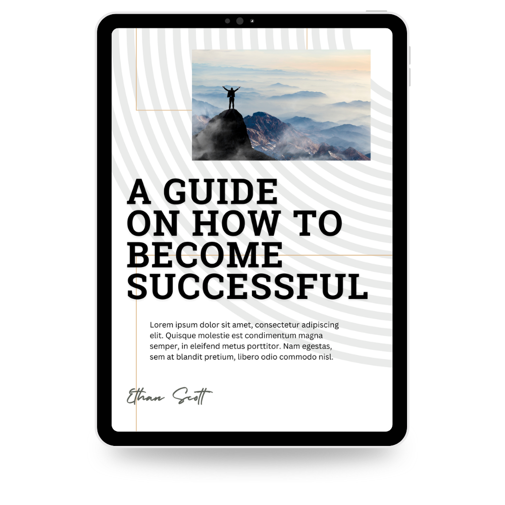 Tablet displaying a digital book cover titled 'A Guide on How to Become Successful' with a person standing triumphantly on a mountain peak in the background, and placeholder text below.