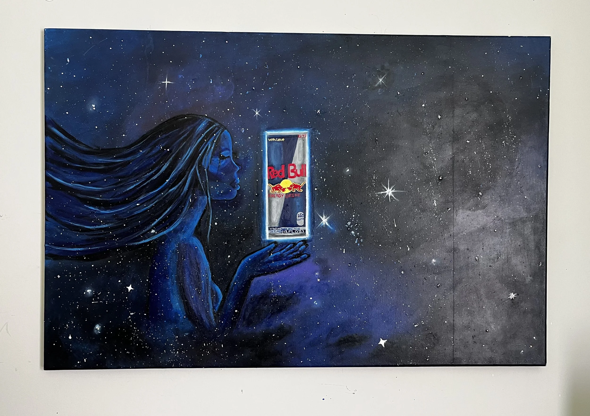 "My guardian angel drinks Redbull" 24x36 acrylic painting on canvas