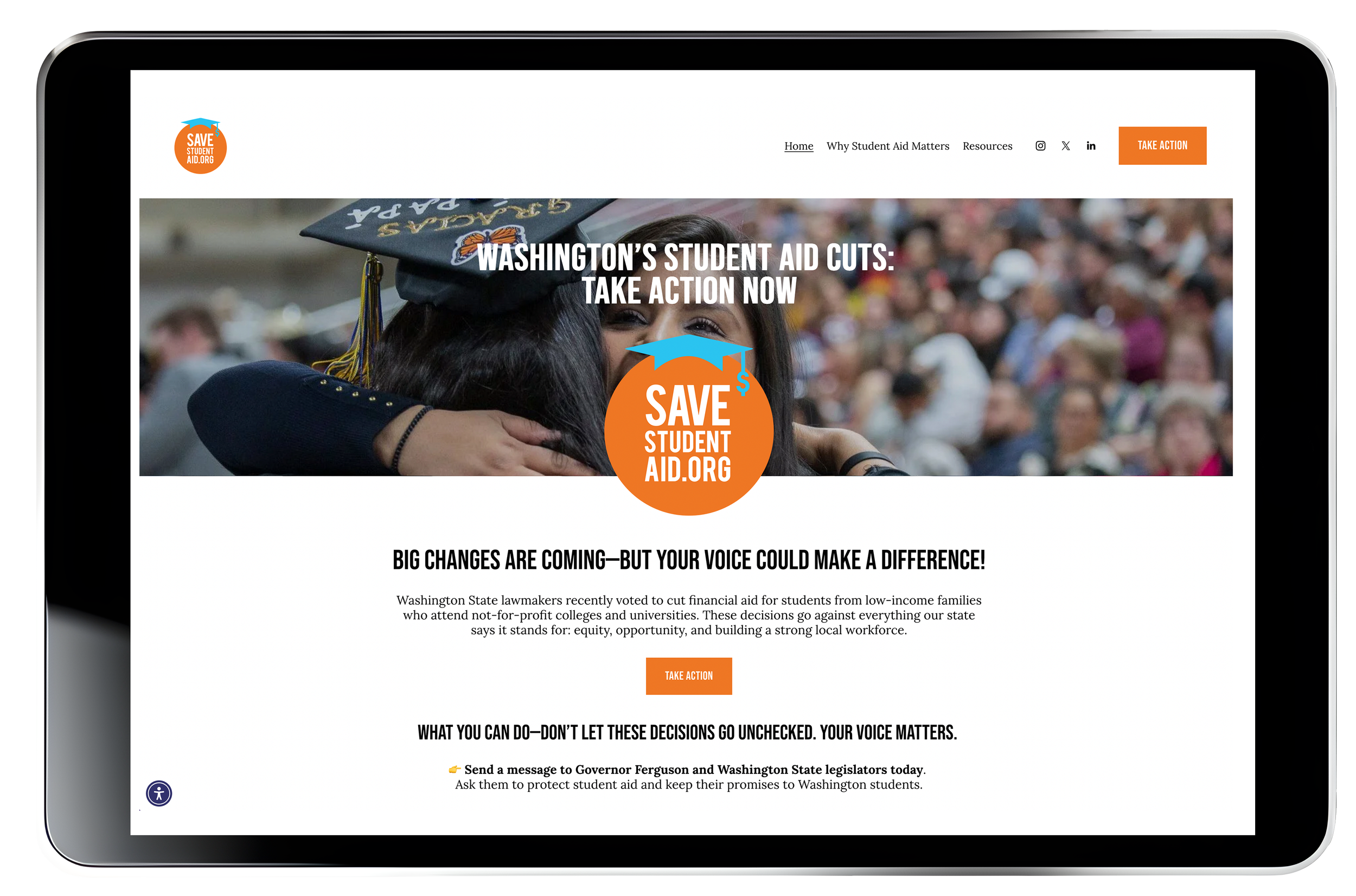 Screenshot of a webpage with a banner showing a young woman in a graduation cap and gown hugging someone. The webpage promotes saving student aid in Washington with calls to action, information about legislative changes, and ways to contact state representatives.